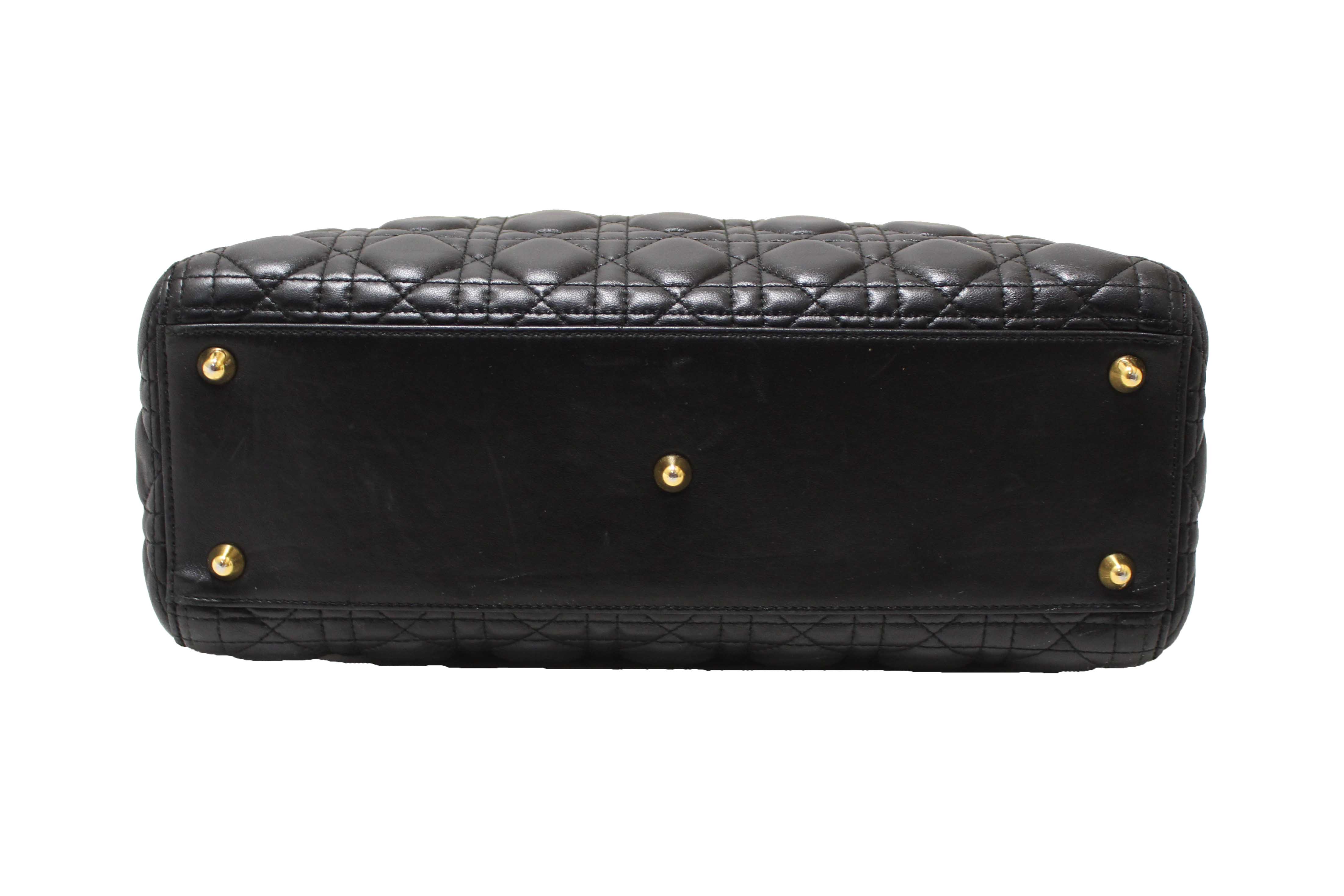 Authentic Christian Dior Black Cannage Lambskin Leather Large Lady Dior Bag