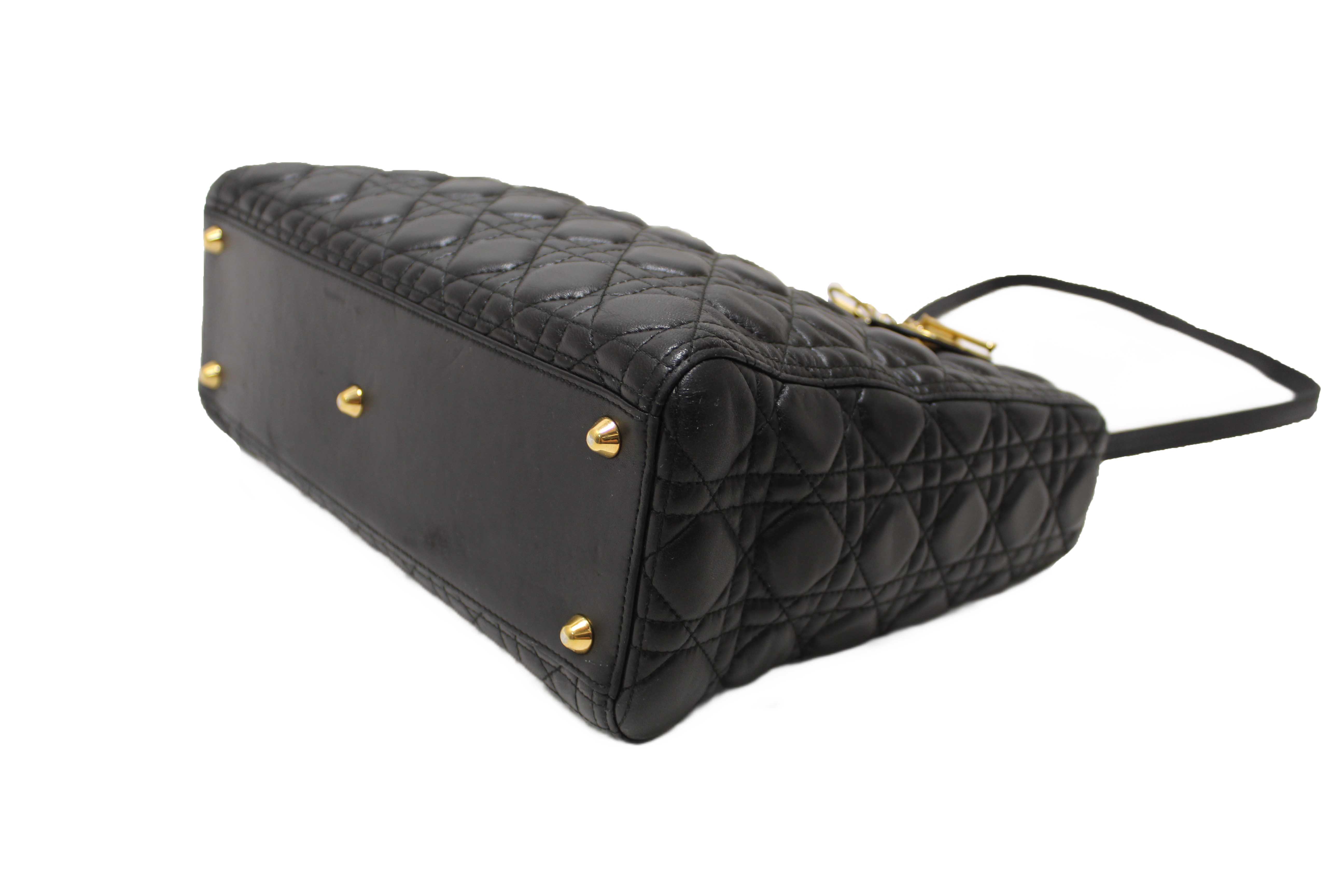 Authentic Christian Dior Black Cannage Lambskin Leather Large Lady Dior Bag