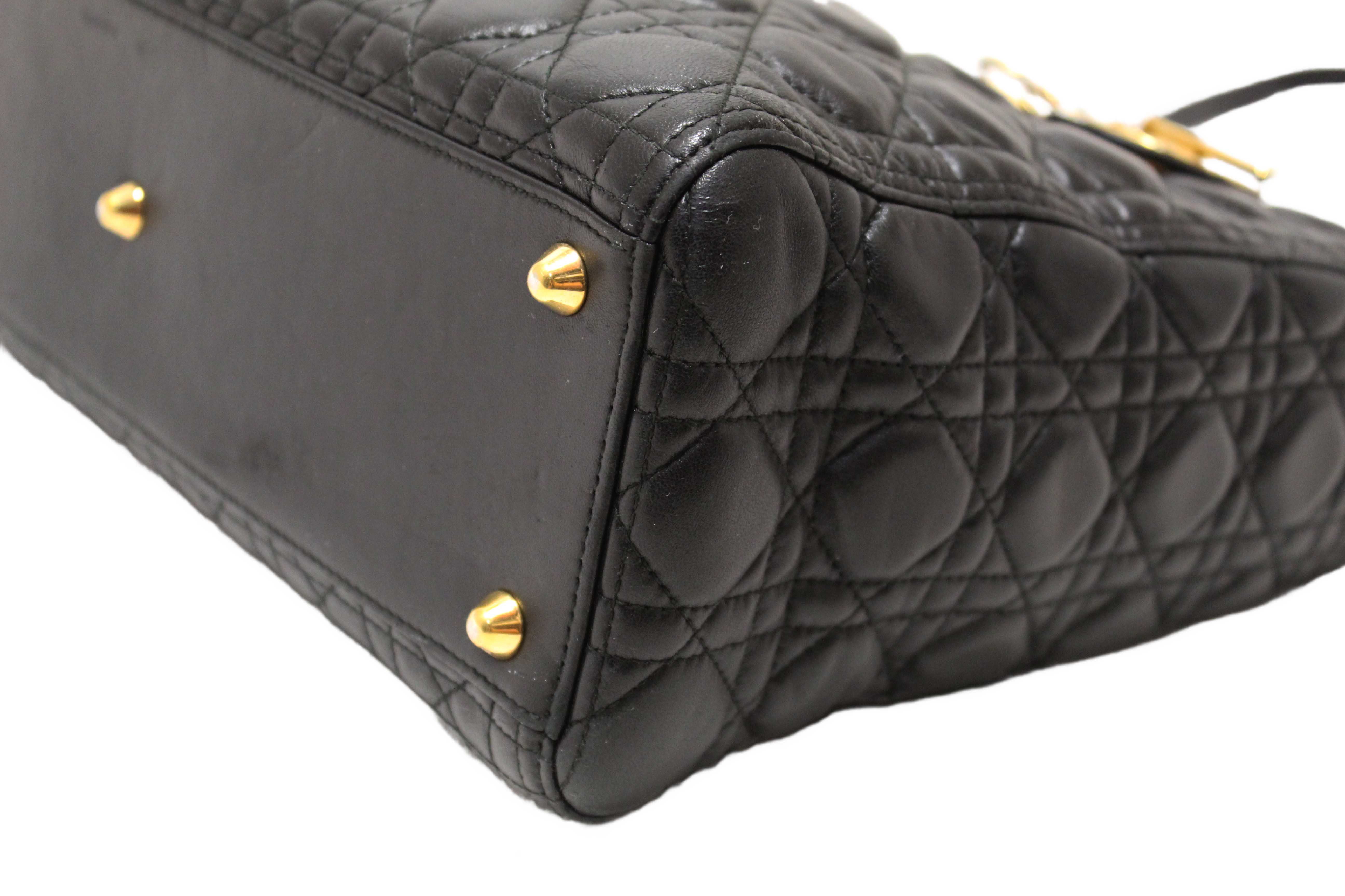 Authentic Christian Dior Black Cannage Lambskin Leather Large Lady Dior Bag
