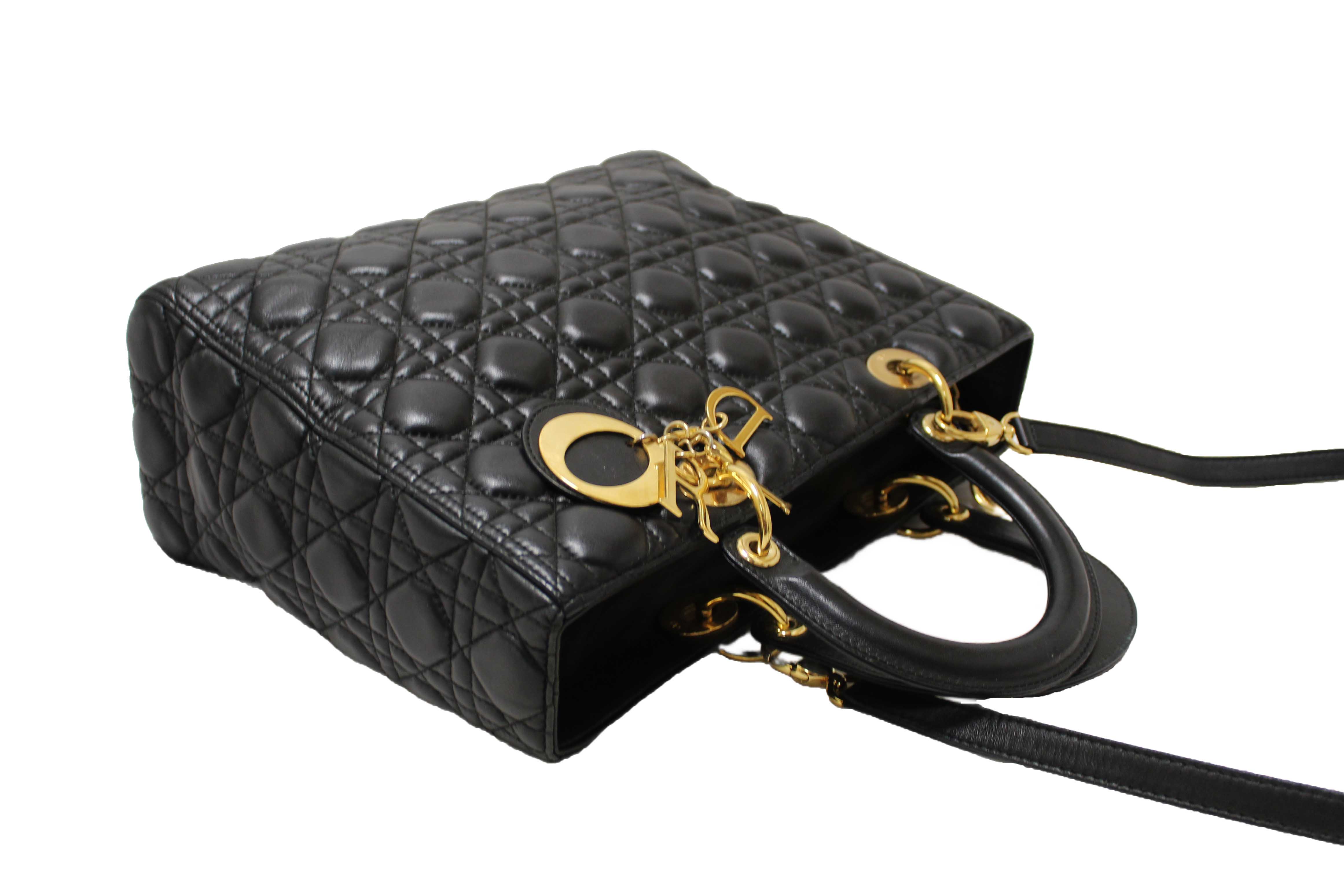 Authentic Christian Dior Black Cannage Lambskin Leather Large Lady Dior Bag