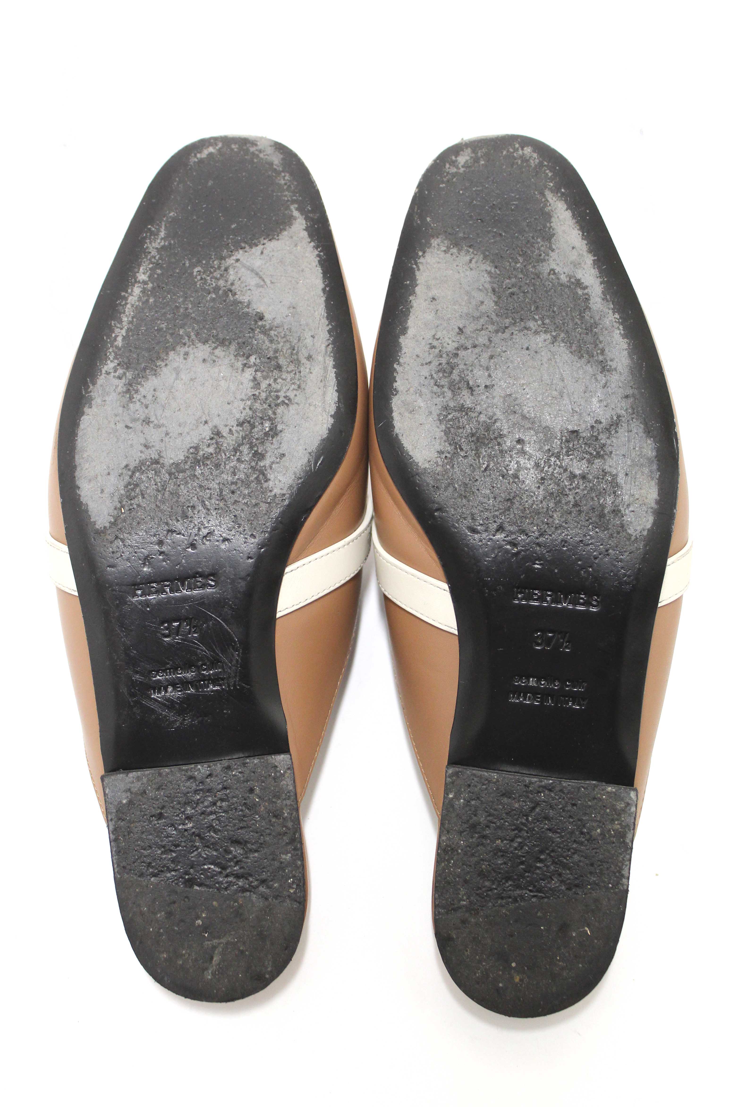 Authentic Hermes Taupe/White/Brown Tri-color Oz Mule Flat Sandals Shoes Size 37.5