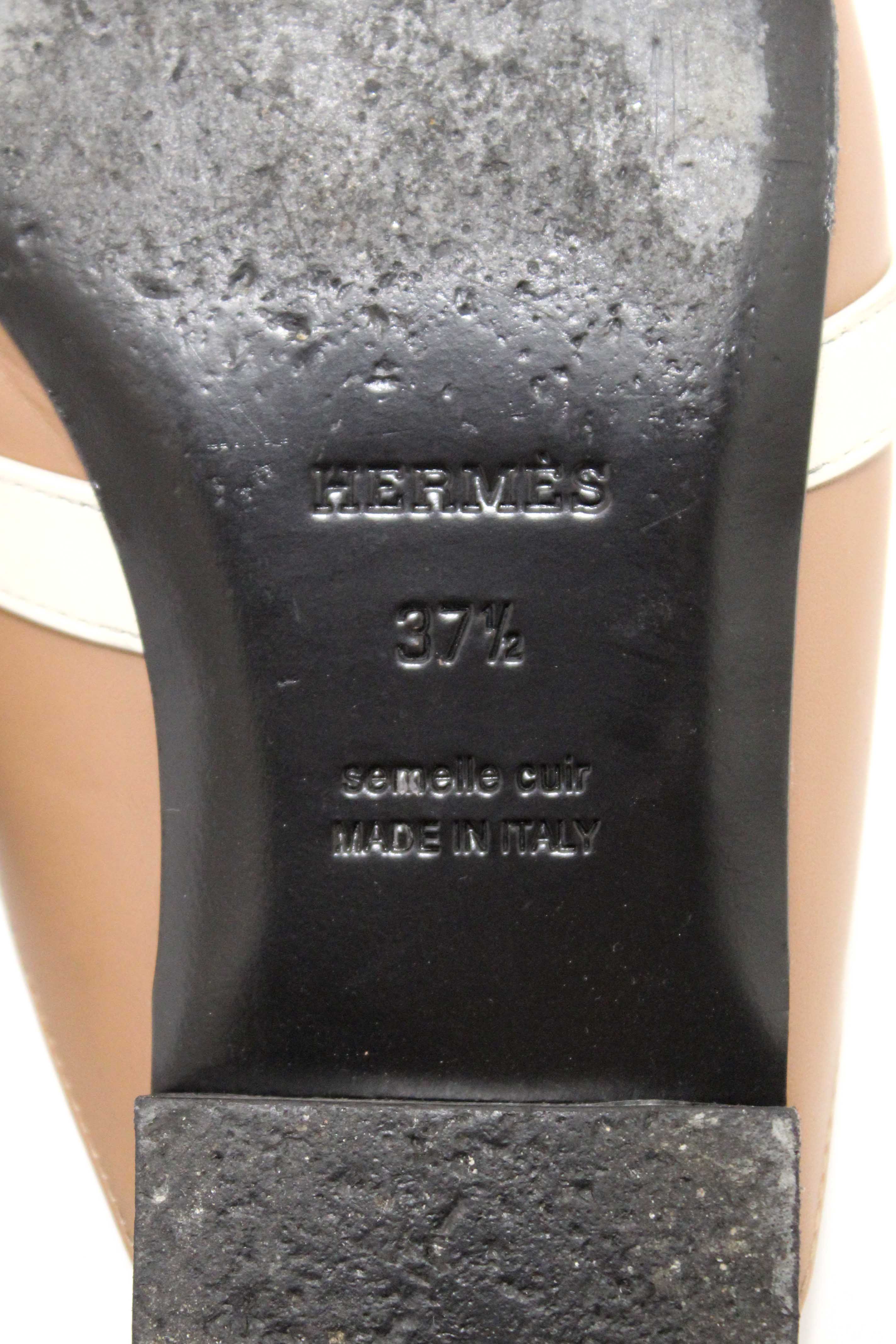 Authentic Hermes Taupe/White/Brown Tri-color Oz Mule Flat Sandals Shoes Size 37.5