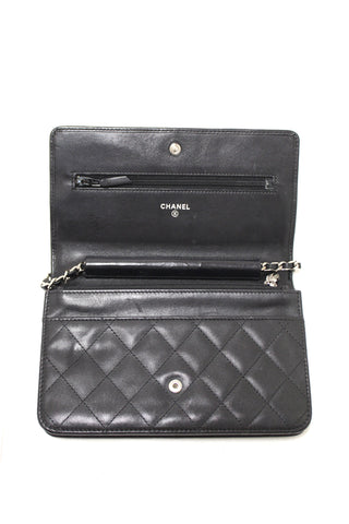 Authentic Chanel Black Quilted Leather Cambon Wallet On Chain WOC Crossbody Bag