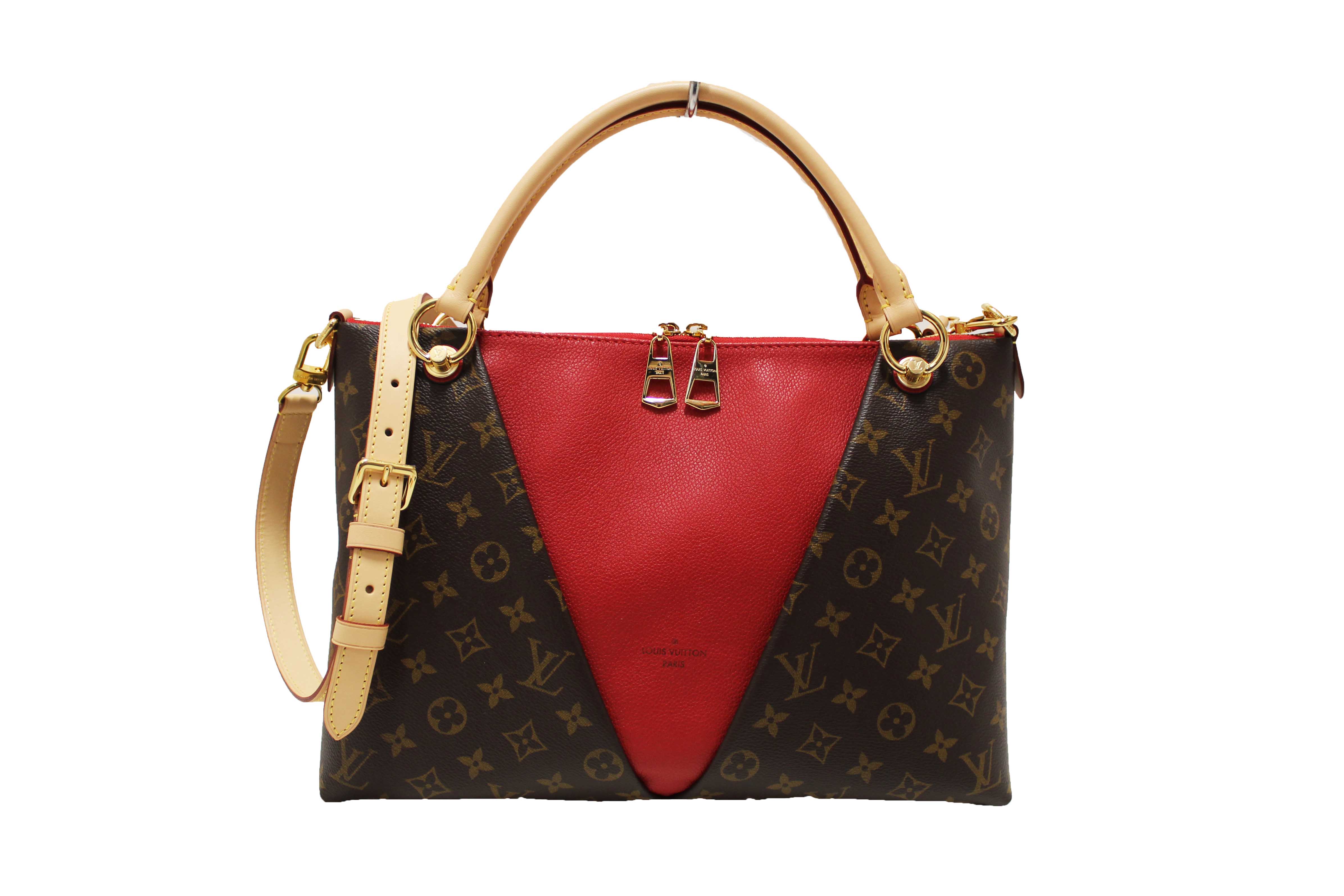 Authentic Louis Vuitton Classic Monogram Canvas with Red Leather V Tote MM Bag
