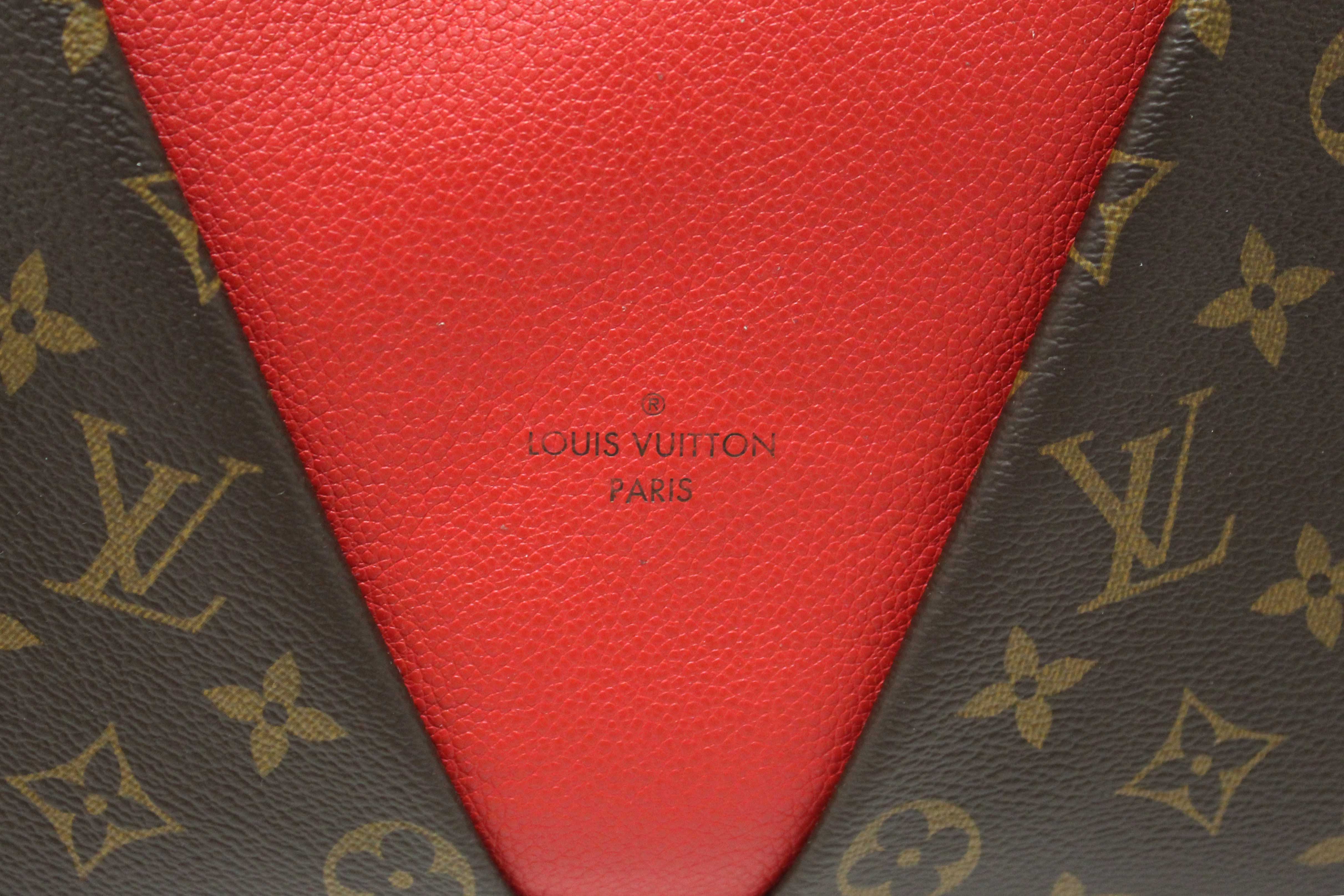 Authentic Louis Vuitton Classic Monogram Canvas with Red Leather V Tote MM Bag