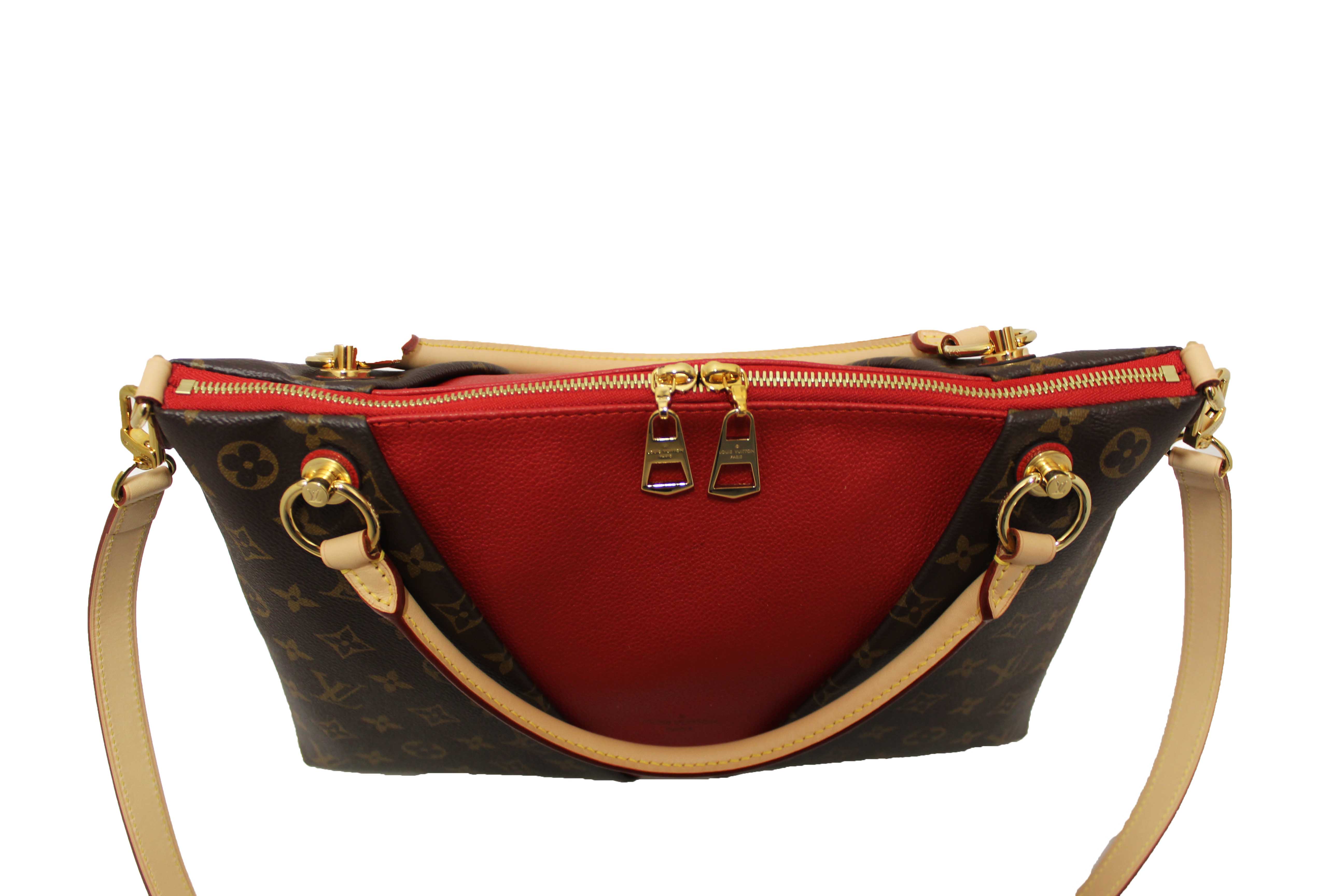 Authentic Louis Vuitton Classic Monogram Canvas with Red Leather V Tote MM Bag