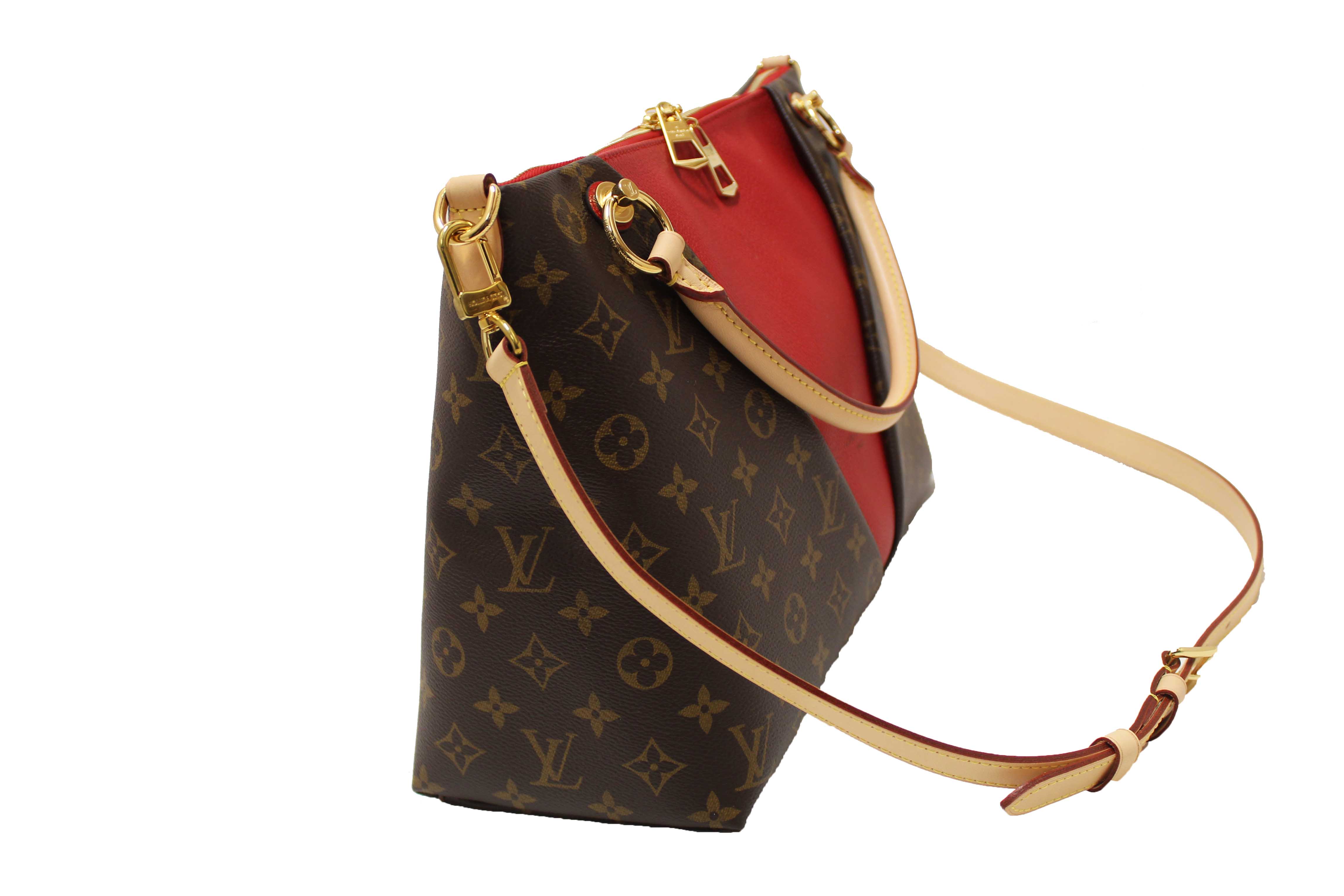 Authentic Louis Vuitton Classic Monogram Canvas with Red Leather V Tote MM Bag