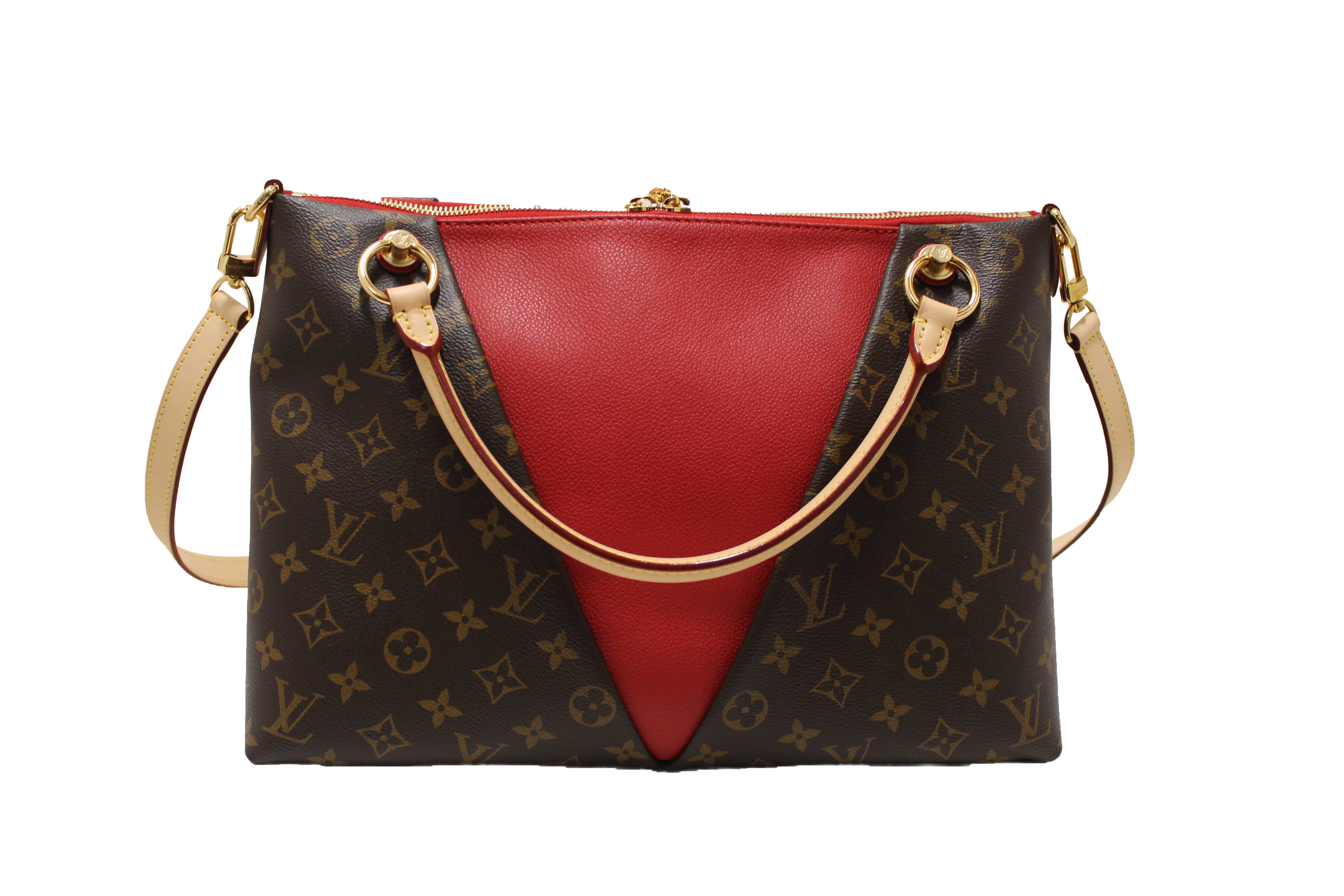 Authentic Louis Vuitton Classic Monogram Canvas with Red Leather V Tote MM Bag