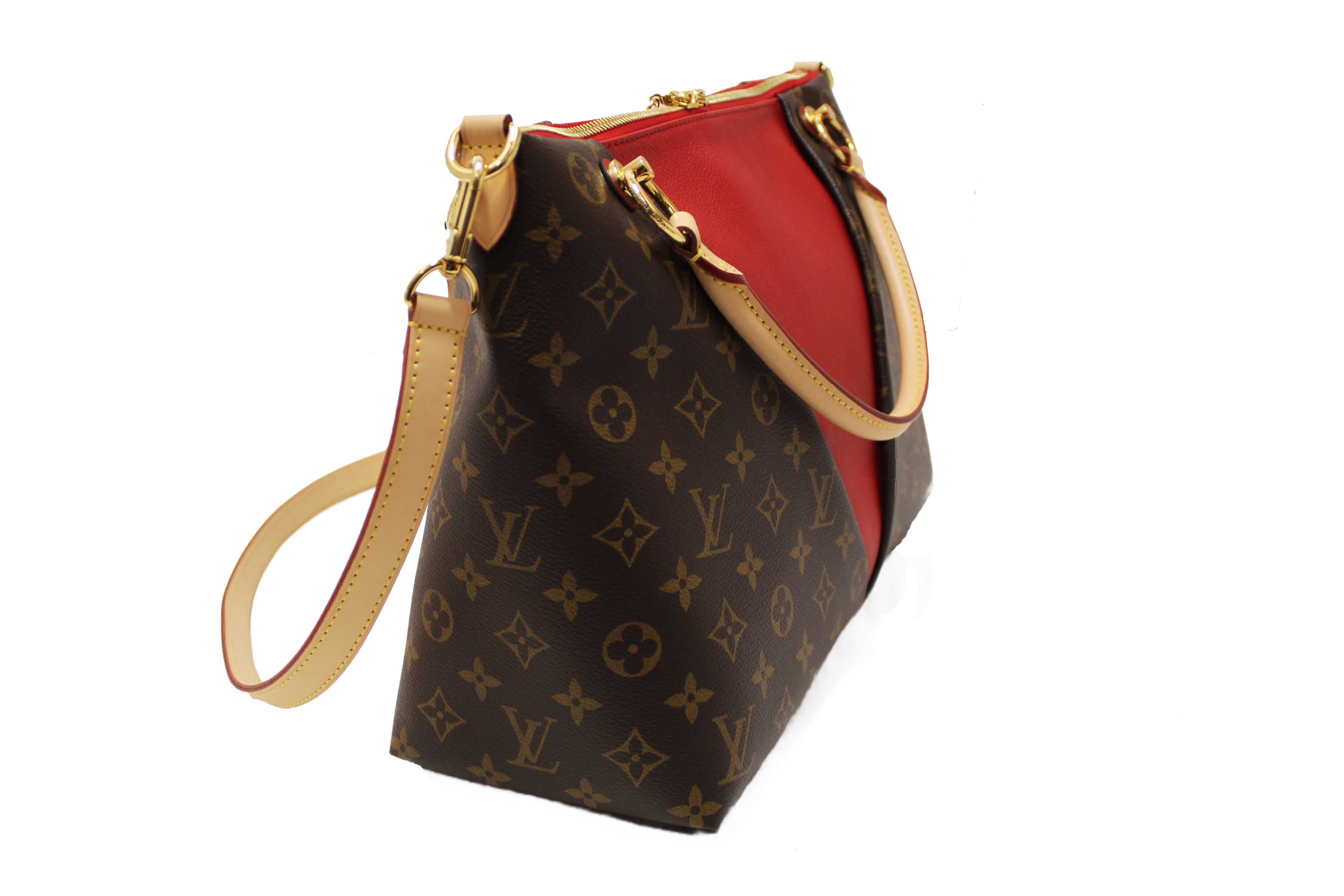 Authentic Louis Vuitton Classic Monogram Canvas with Red Leather V Tote MM Bag