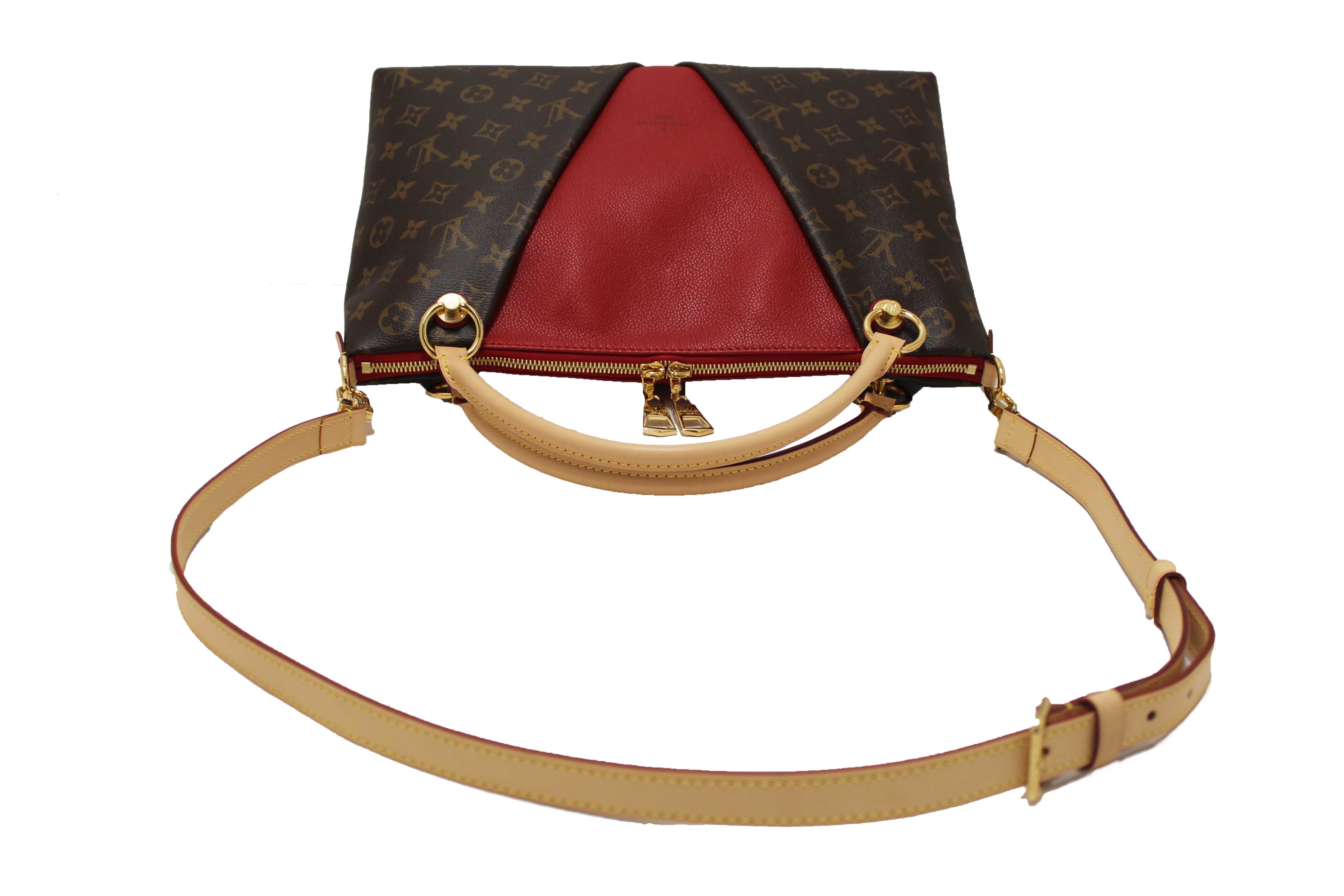 Authentic Louis Vuitton Classic Monogram Canvas with Red Leather V Tote MM Bag