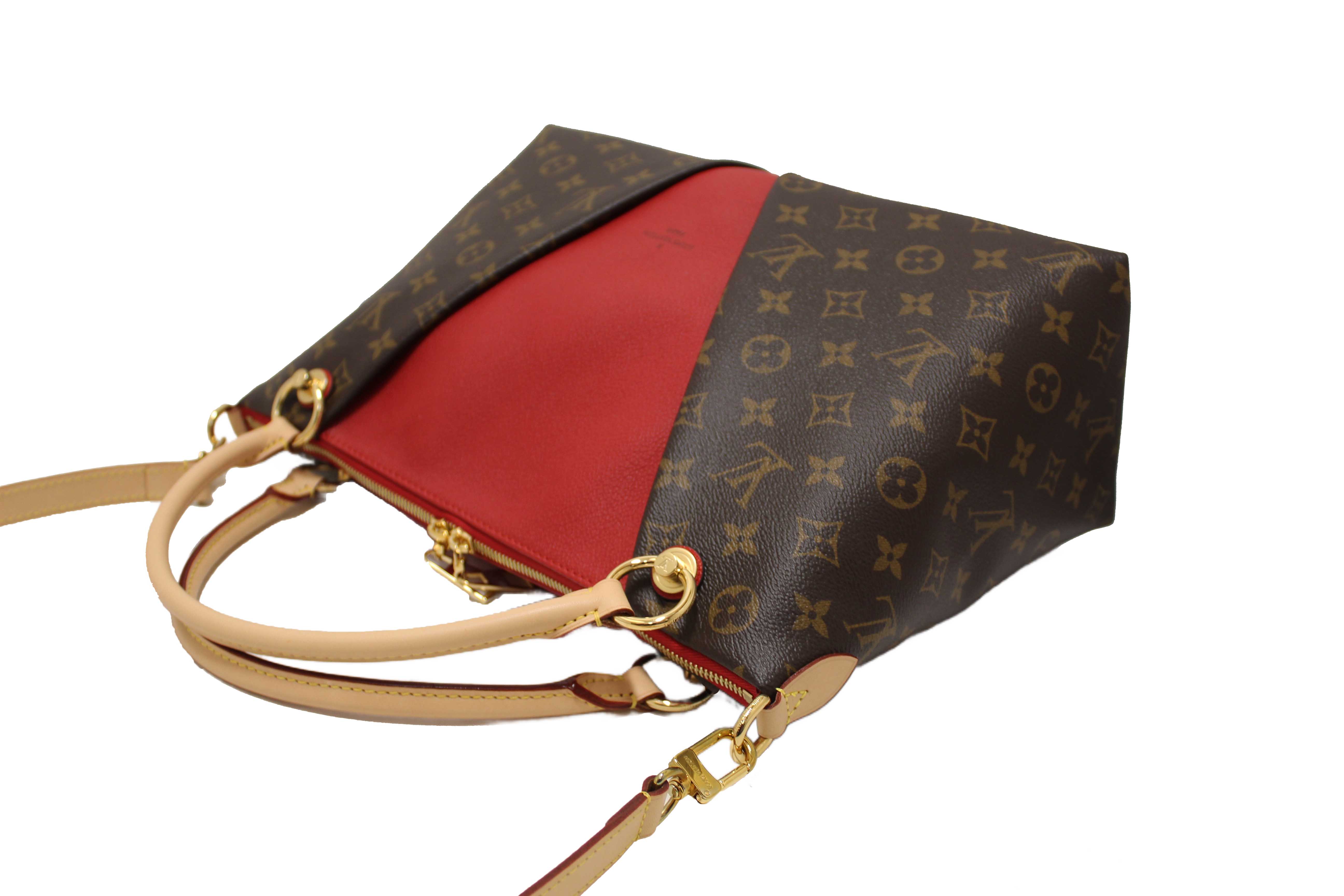 Authentic Louis Vuitton Classic Monogram Canvas with Red Leather V Tote MM Bag