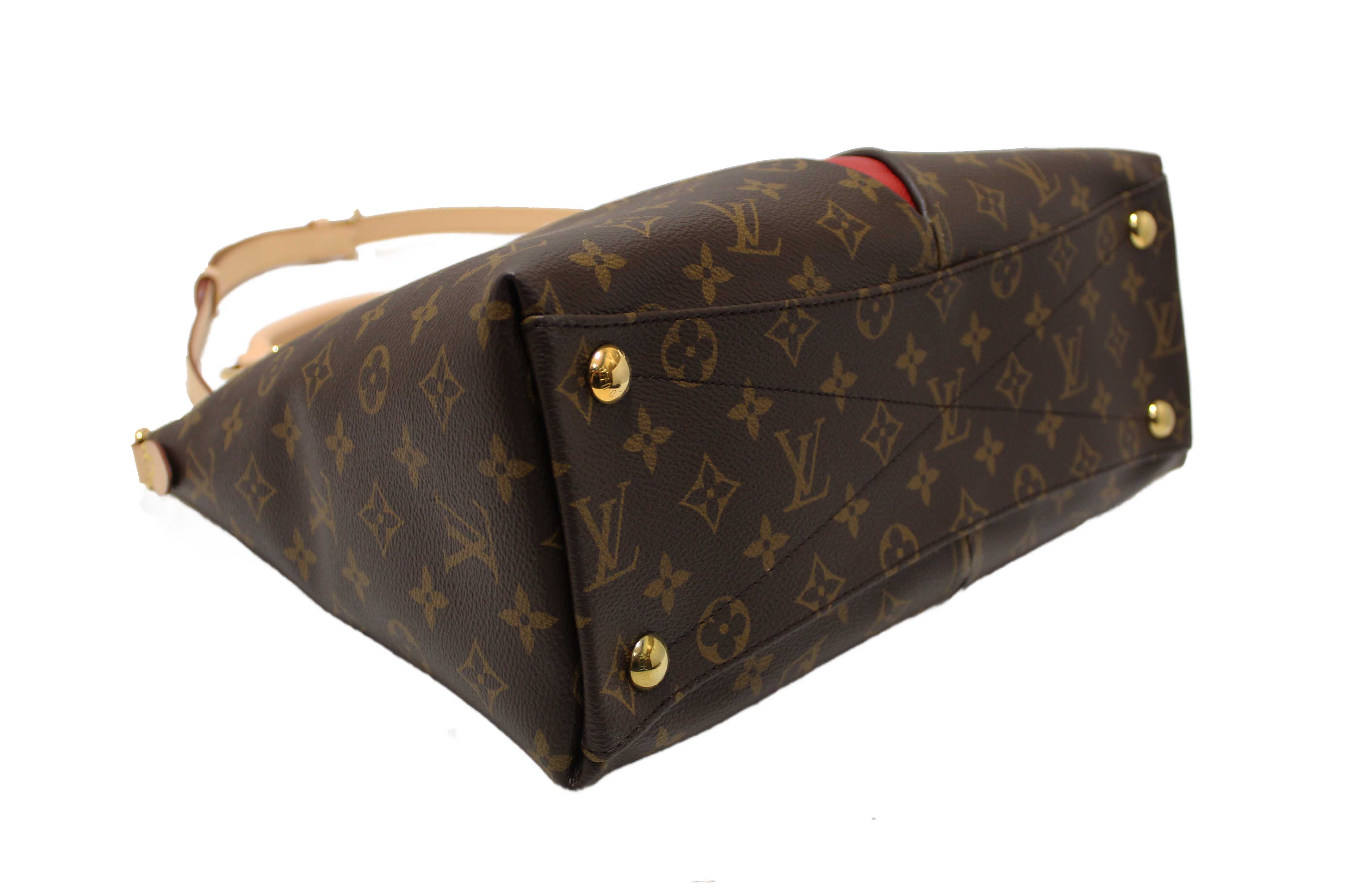 Authentic Louis Vuitton Classic Monogram Canvas with Red Leather V Tote MM Bag