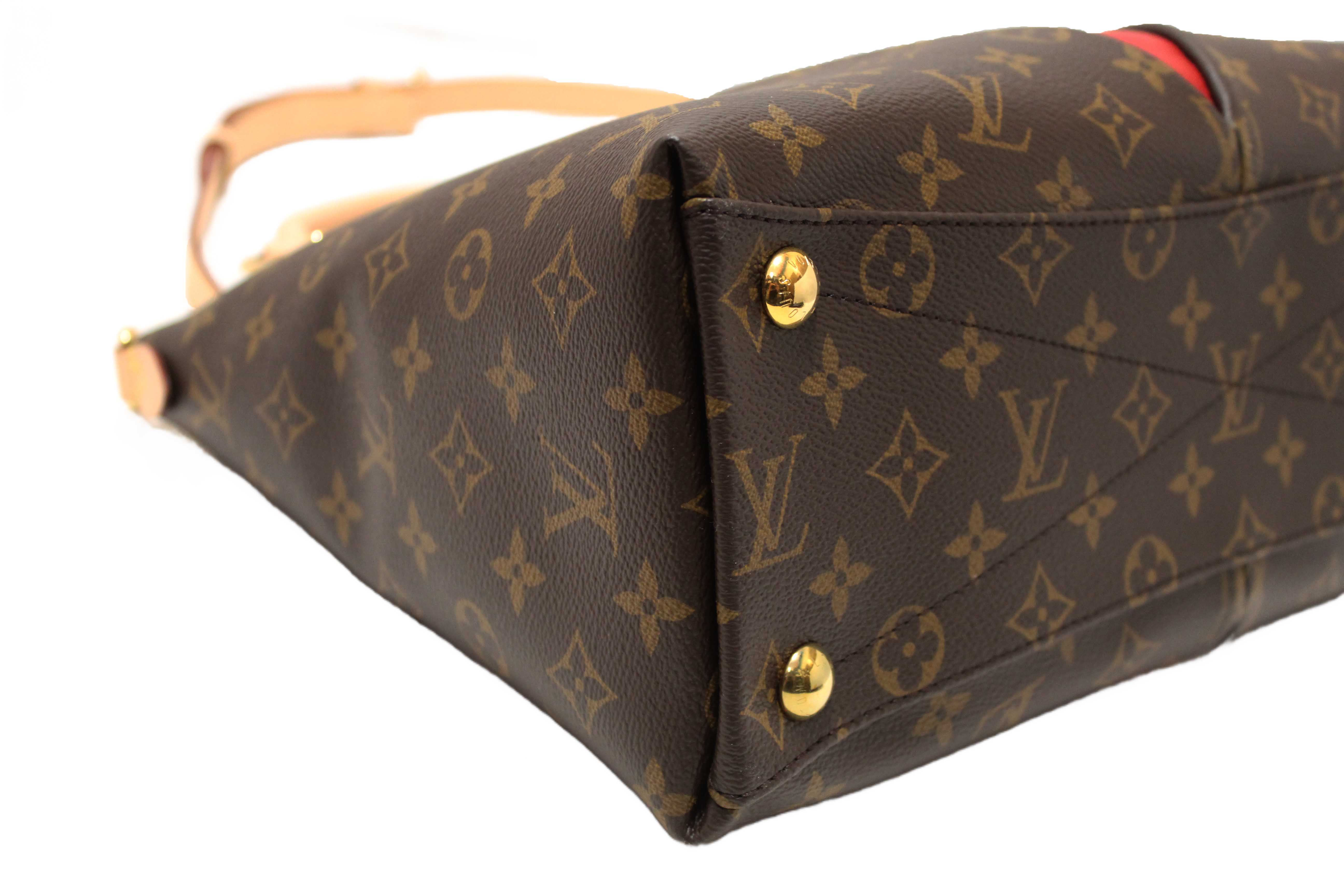 Authentic Louis Vuitton Classic Monogram Canvas with Red Leather V Tote MM Bag