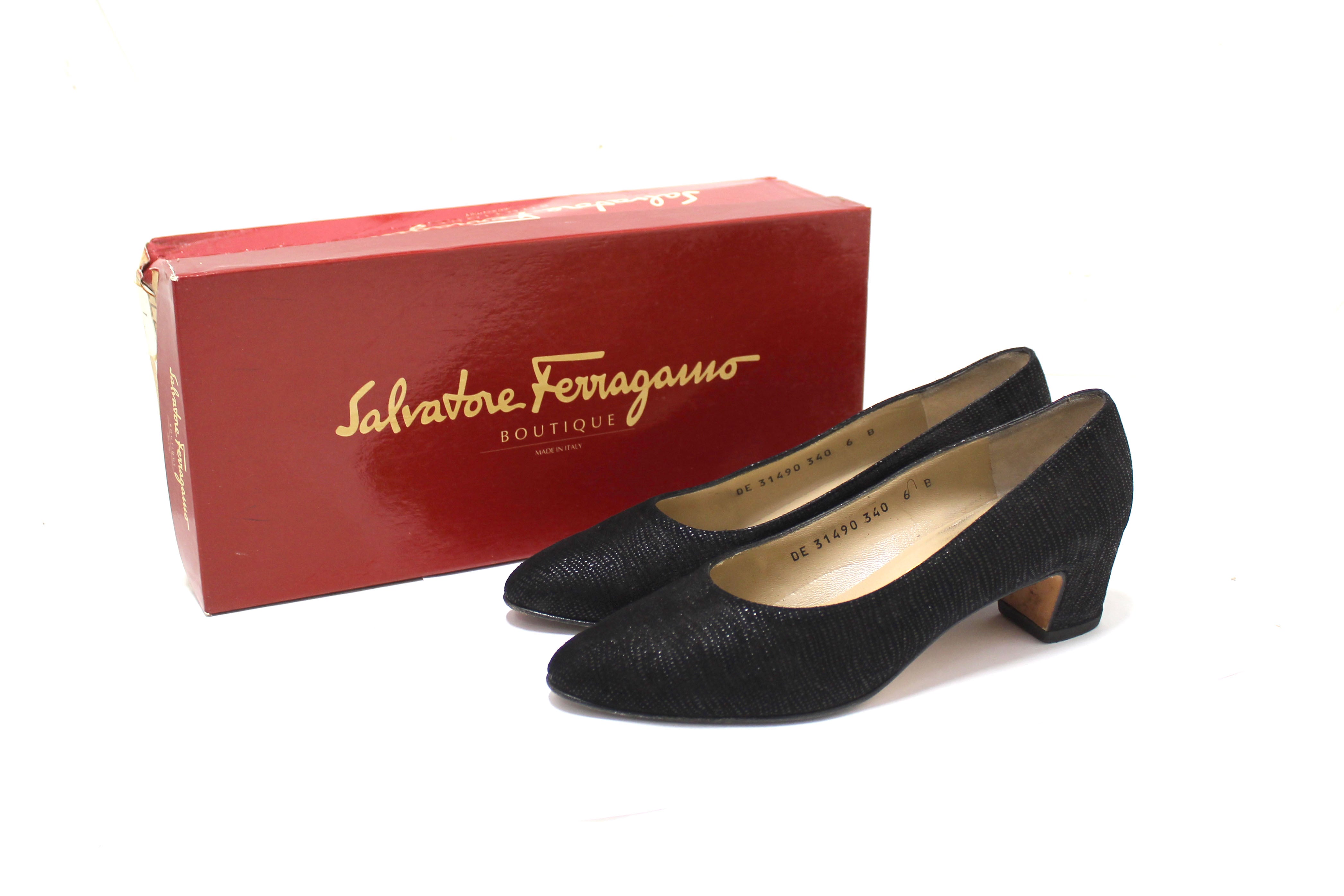 Authentic Salvatore Ferragamo Black Embossed Suede Leather Kitten Heel Size 6 B