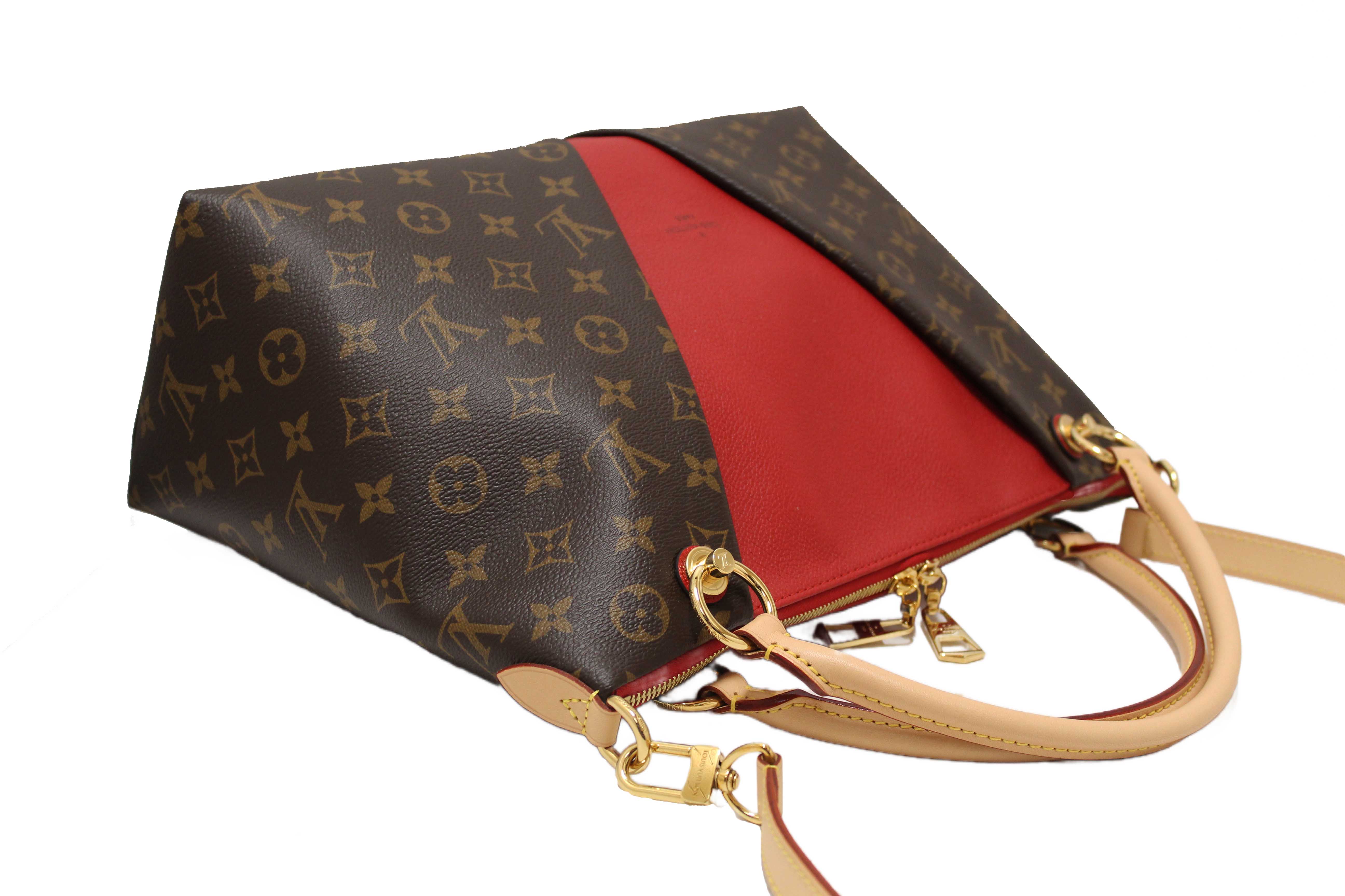 Authentic Louis Vuitton Classic Monogram Canvas with Red Leather V Tote MM Bag