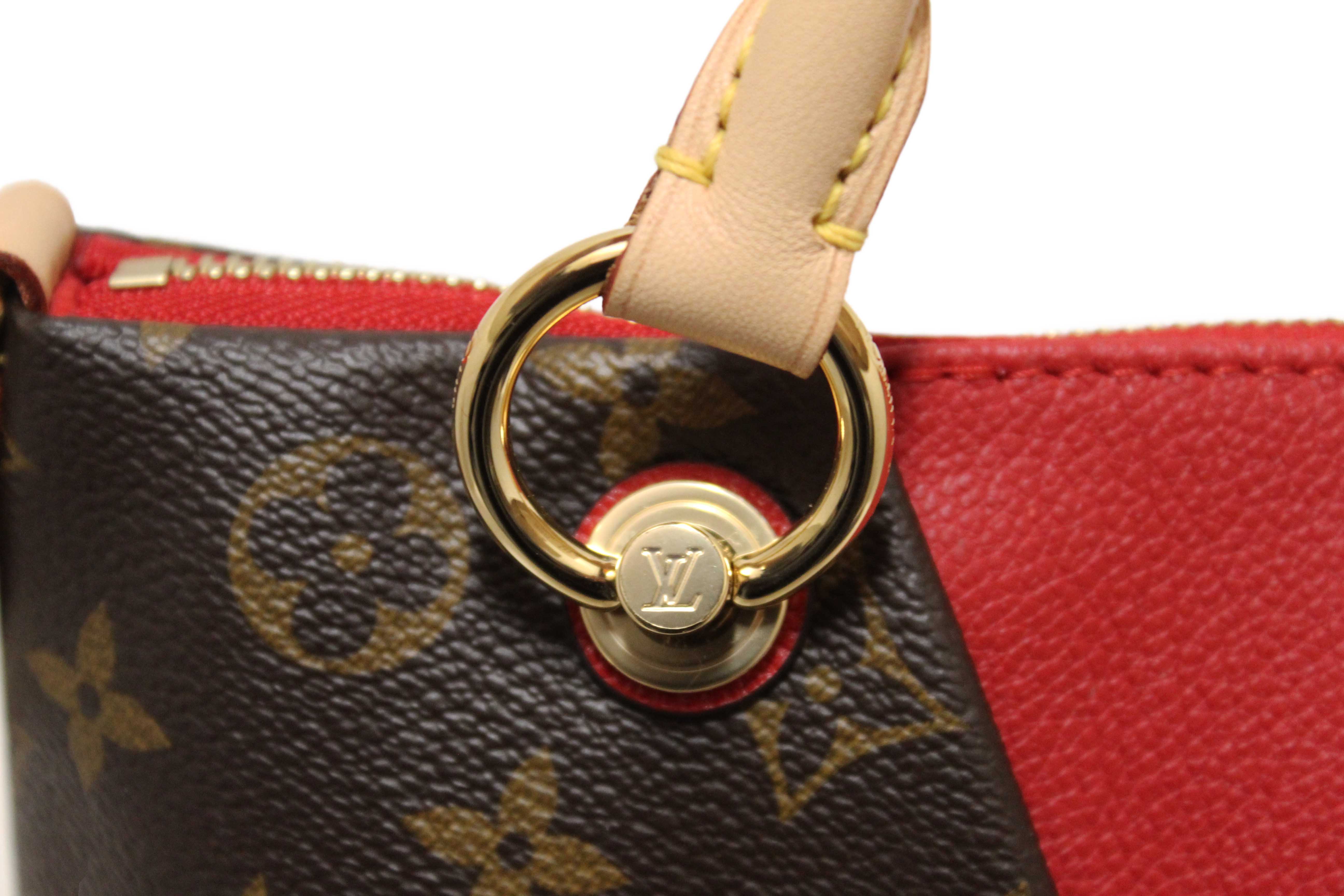 Authentic Louis Vuitton Classic Monogram Canvas with Red Leather V Tote MM Bag