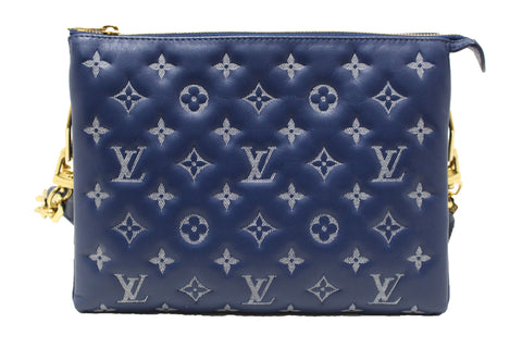 Aithentic Louis Vuitton Denim Blue Lambskin Embossed Monogram Coussin PM Bag