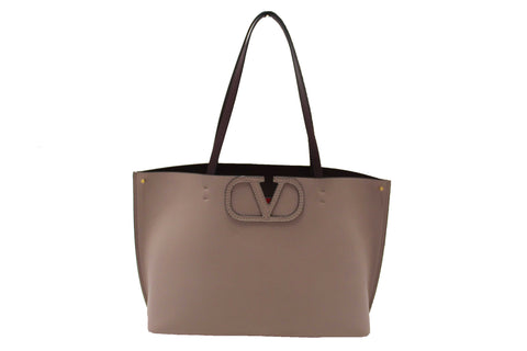 Authentic Valentino Garavani Neutral Calfskin Leather Vlogo Fillme MediumTote