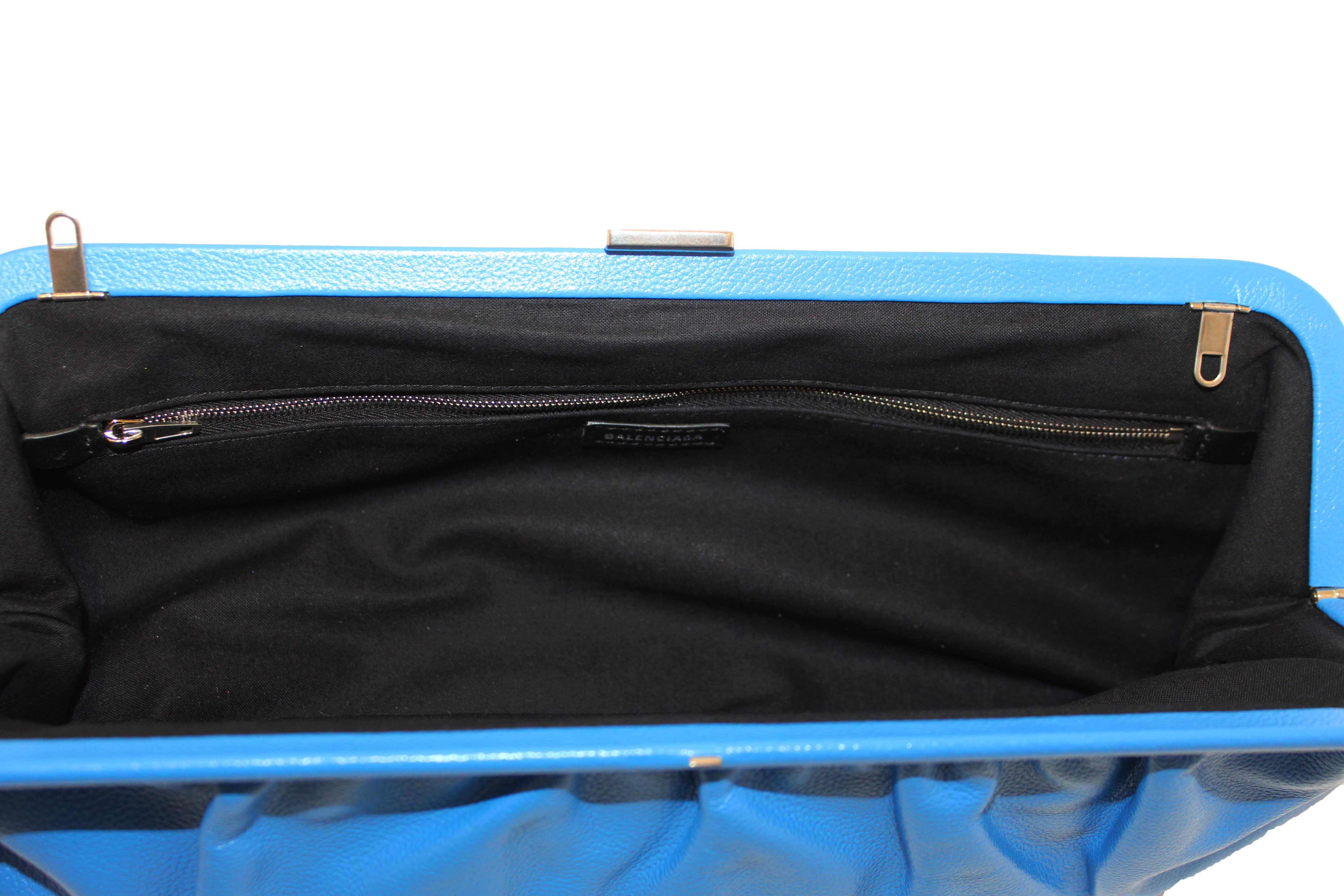 Authentic NEW Balenciaga Blue Grained Calfskin Leather XL Cloud Clutch with Strap