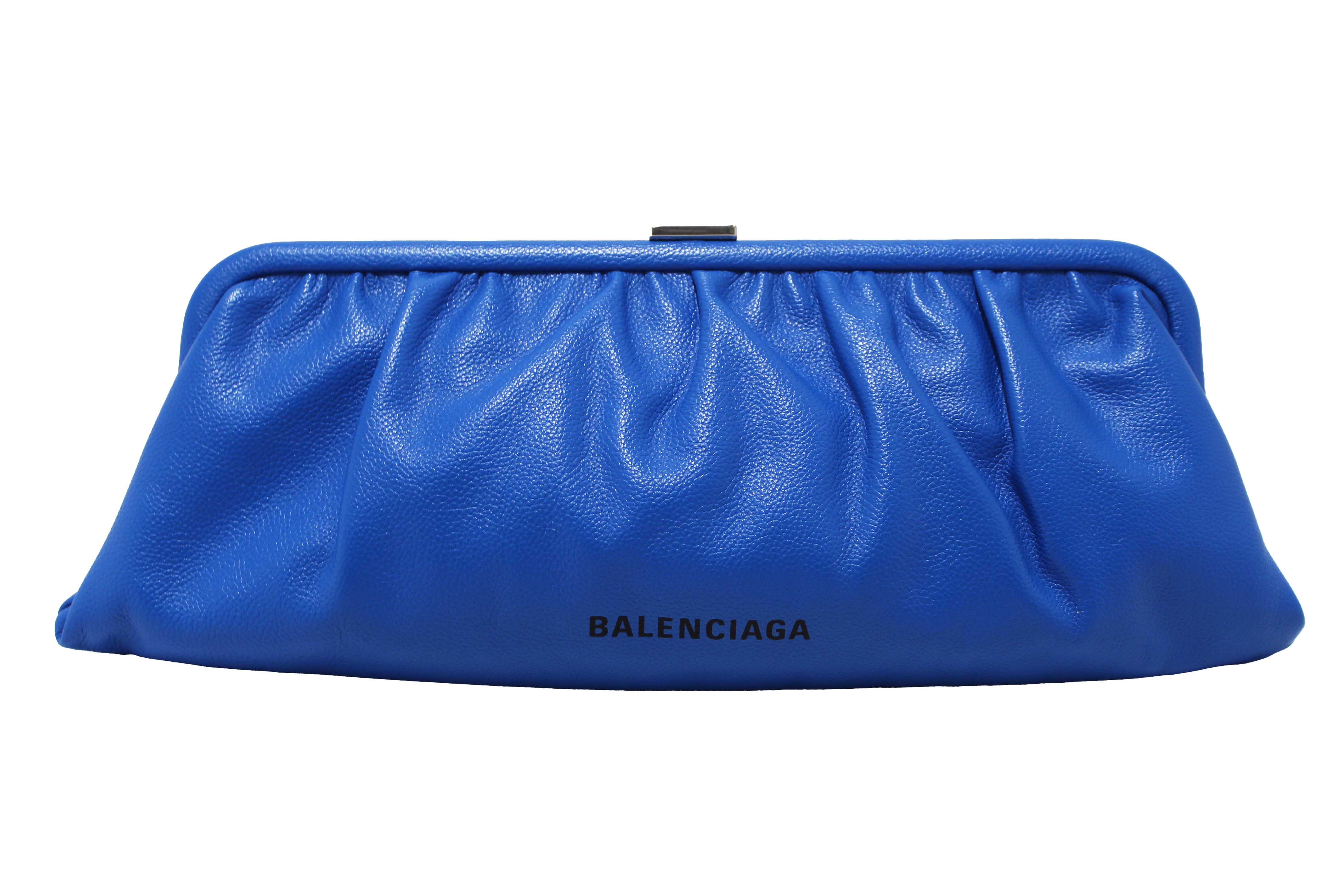 Authentic NEW Balenciaga Blue Grained Calfskin Leather XL Cloud Clutch with Strap