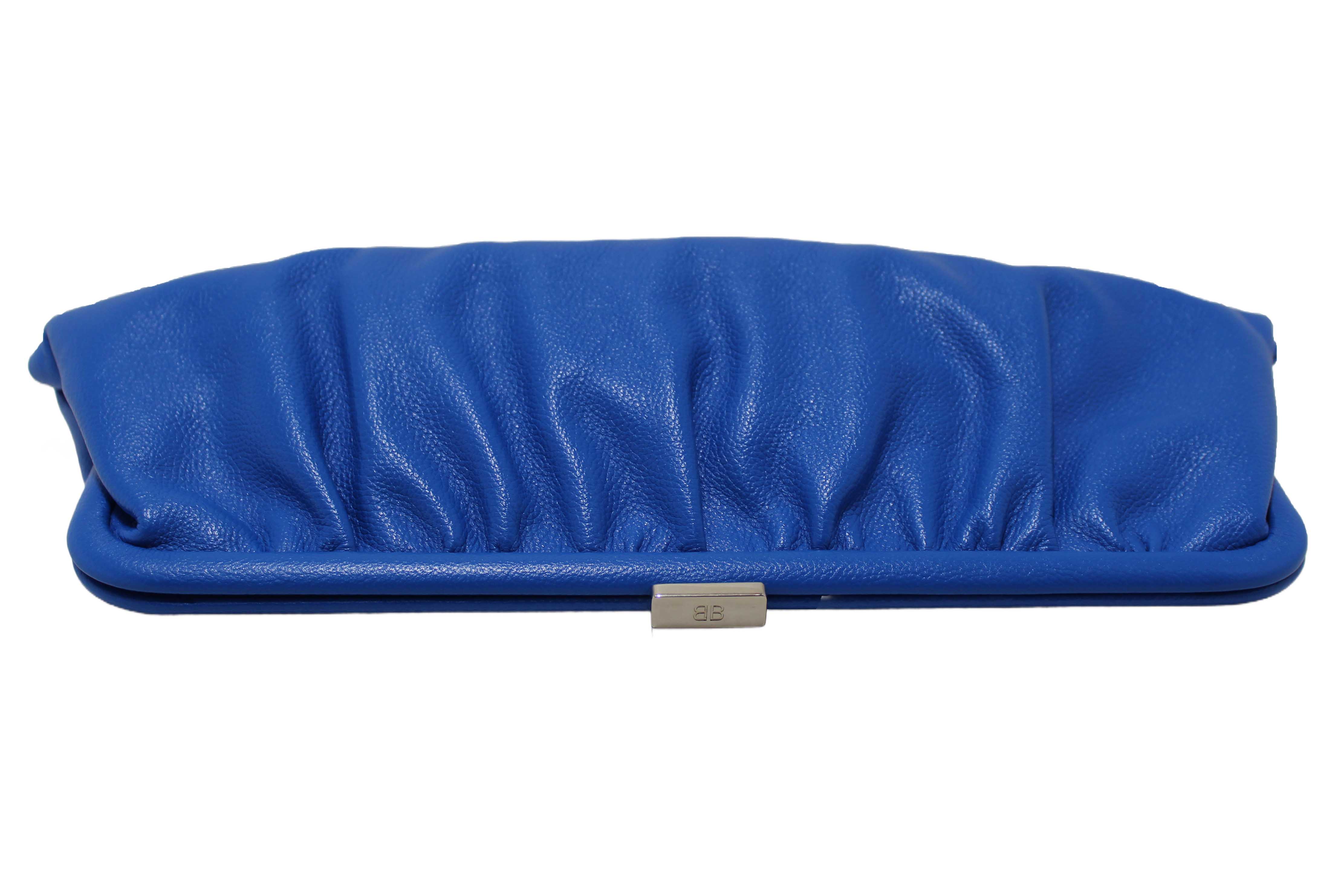 Authentic NEW Balenciaga Blue Grained Calfskin Leather XL Cloud Clutch with Strap