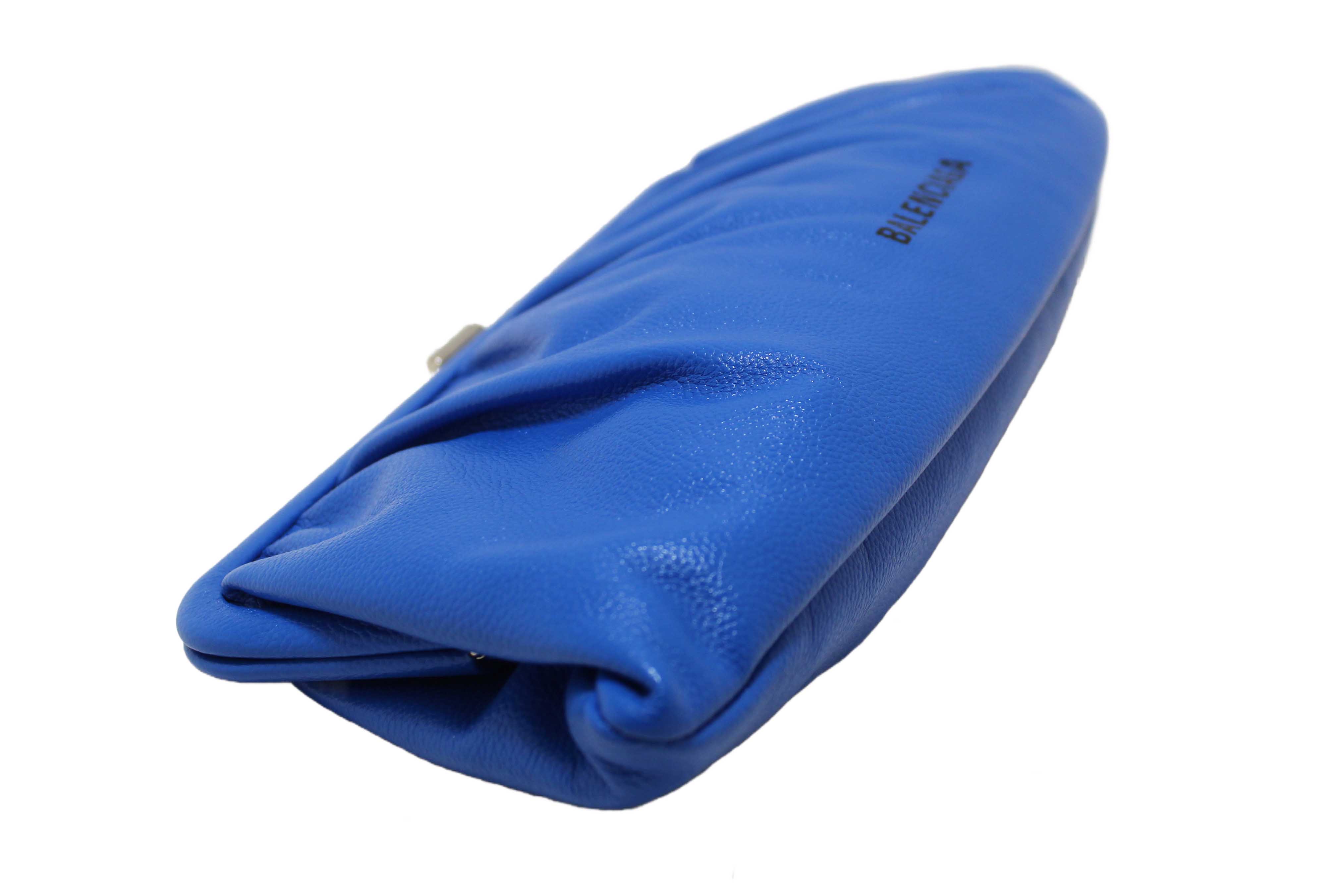 Authentic NEW Balenciaga Blue Grained Calfskin Leather XL Cloud Clutch with Strap