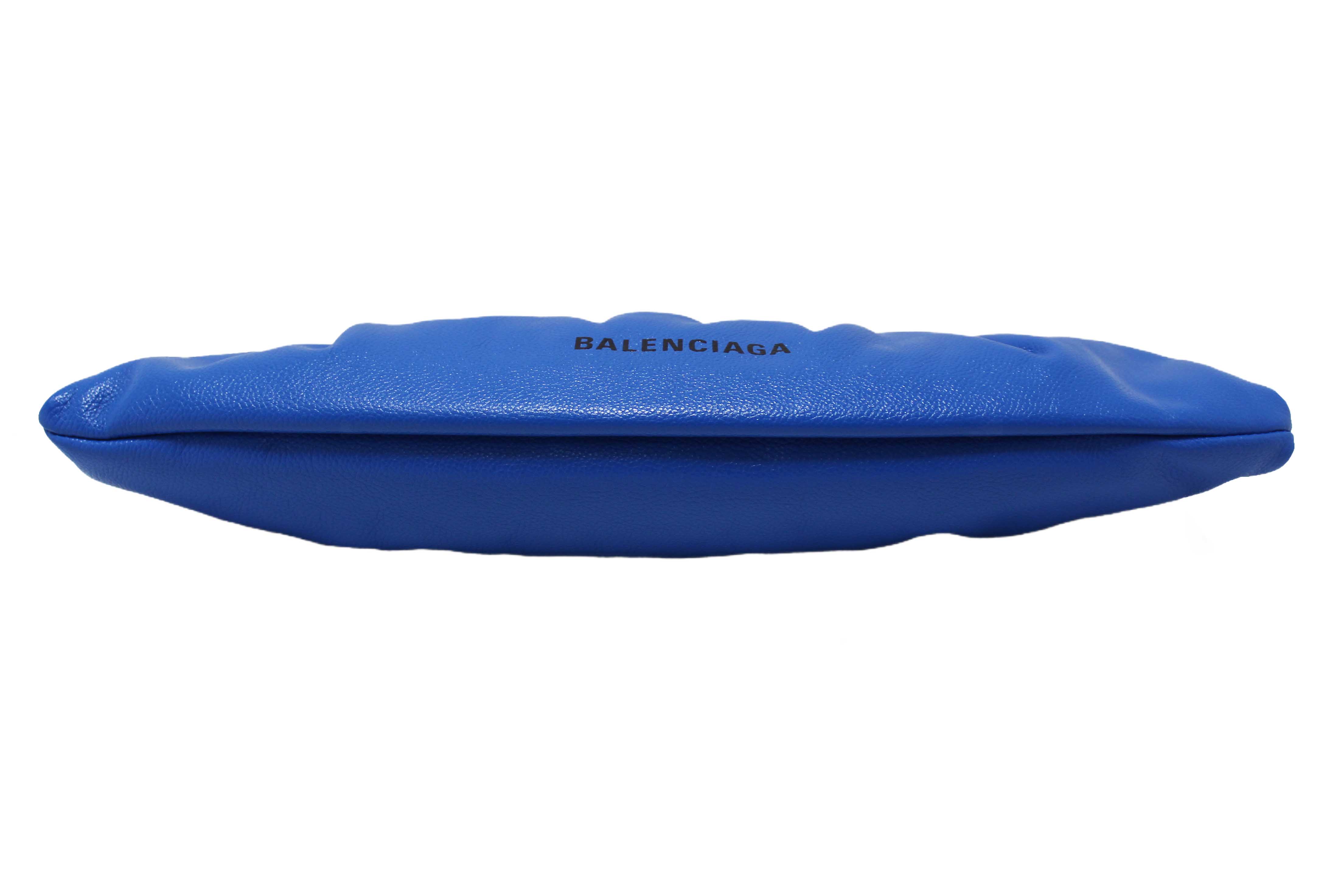 Authentic NEW Balenciaga Blue Grained Calfskin Leather XL Cloud Clutch with Strap