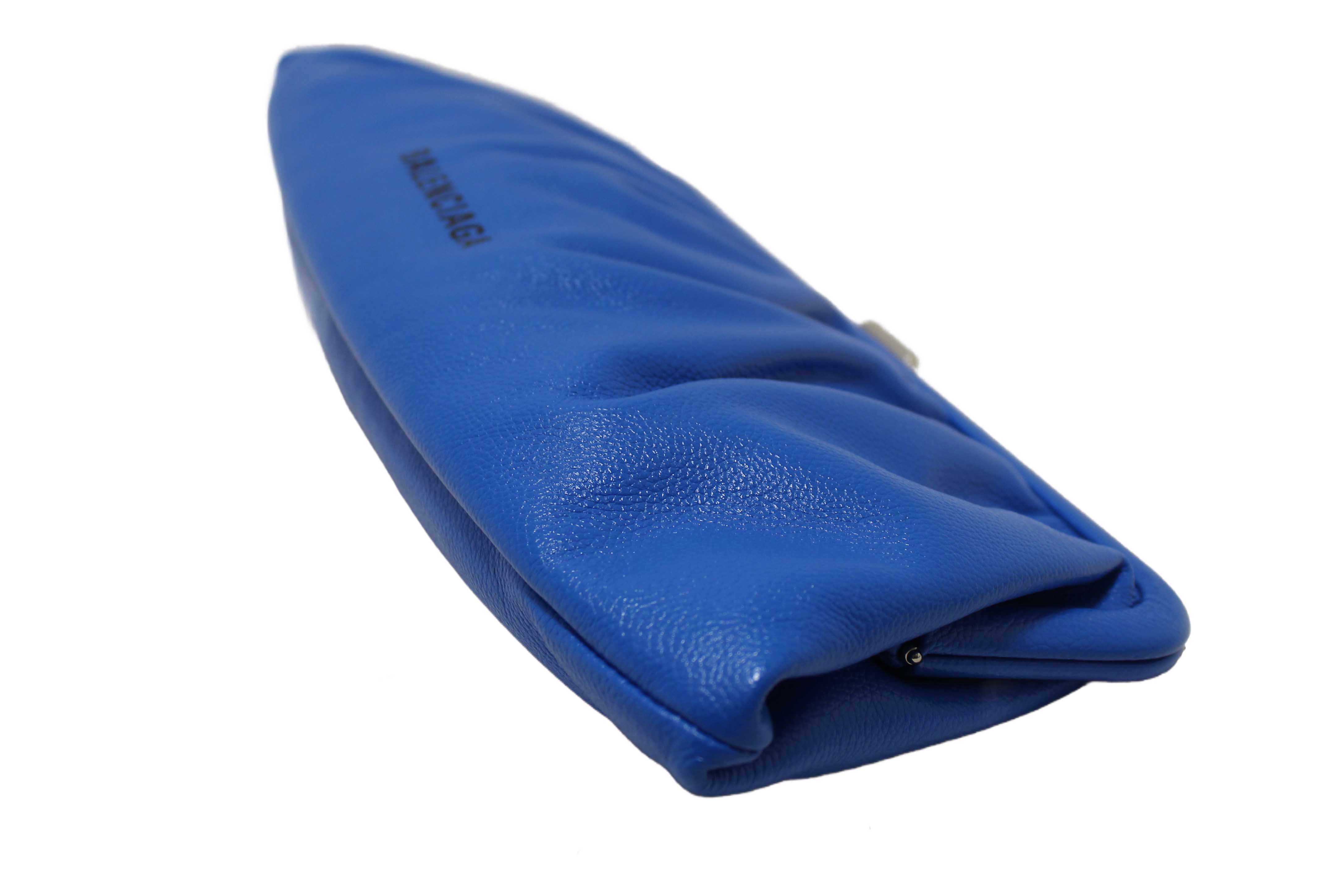 Authentic NEW Balenciaga Blue Grained Calfskin Leather XL Cloud Clutch with Strap