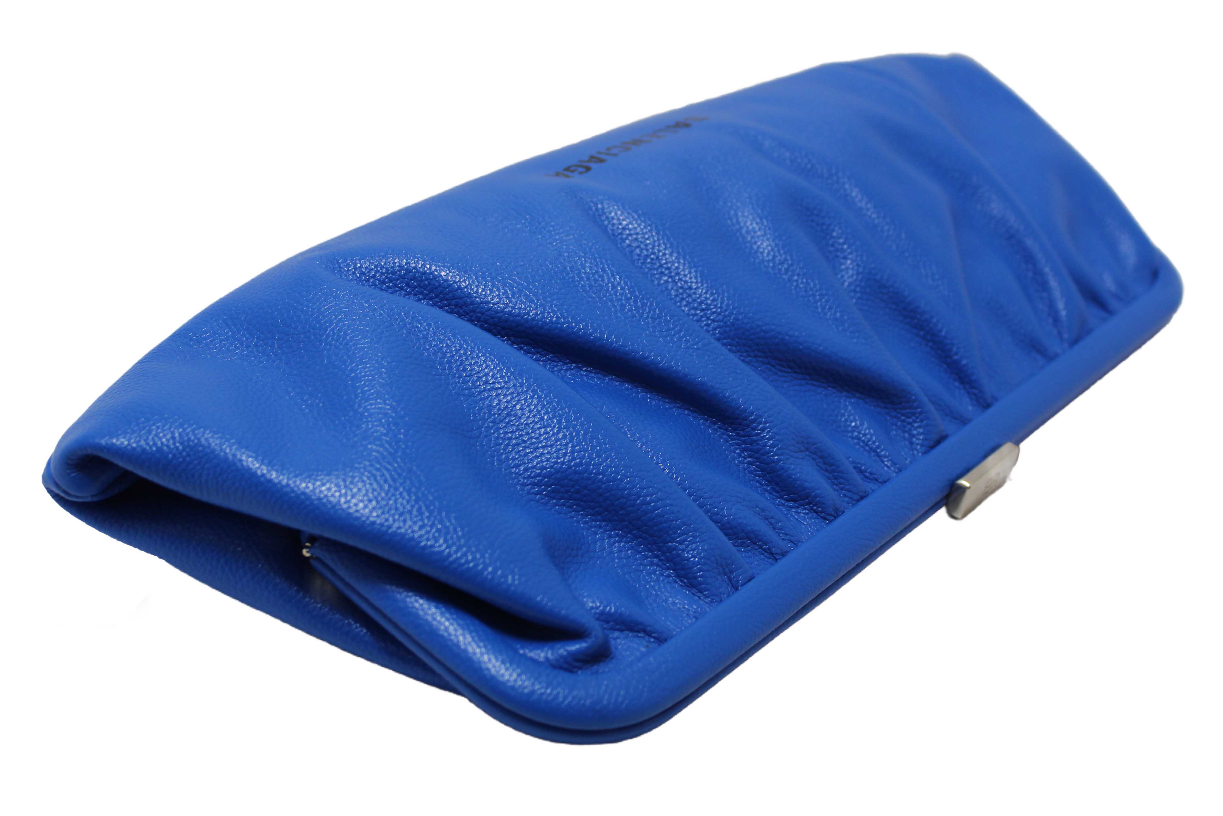 Authentic NEW Balenciaga Blue Grained Calfskin Leather XL Cloud Clutch with Strap