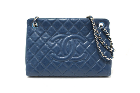 Authentic Chanel Quilted Blue Caviar Leather Shopper Shoulder Tote Bag