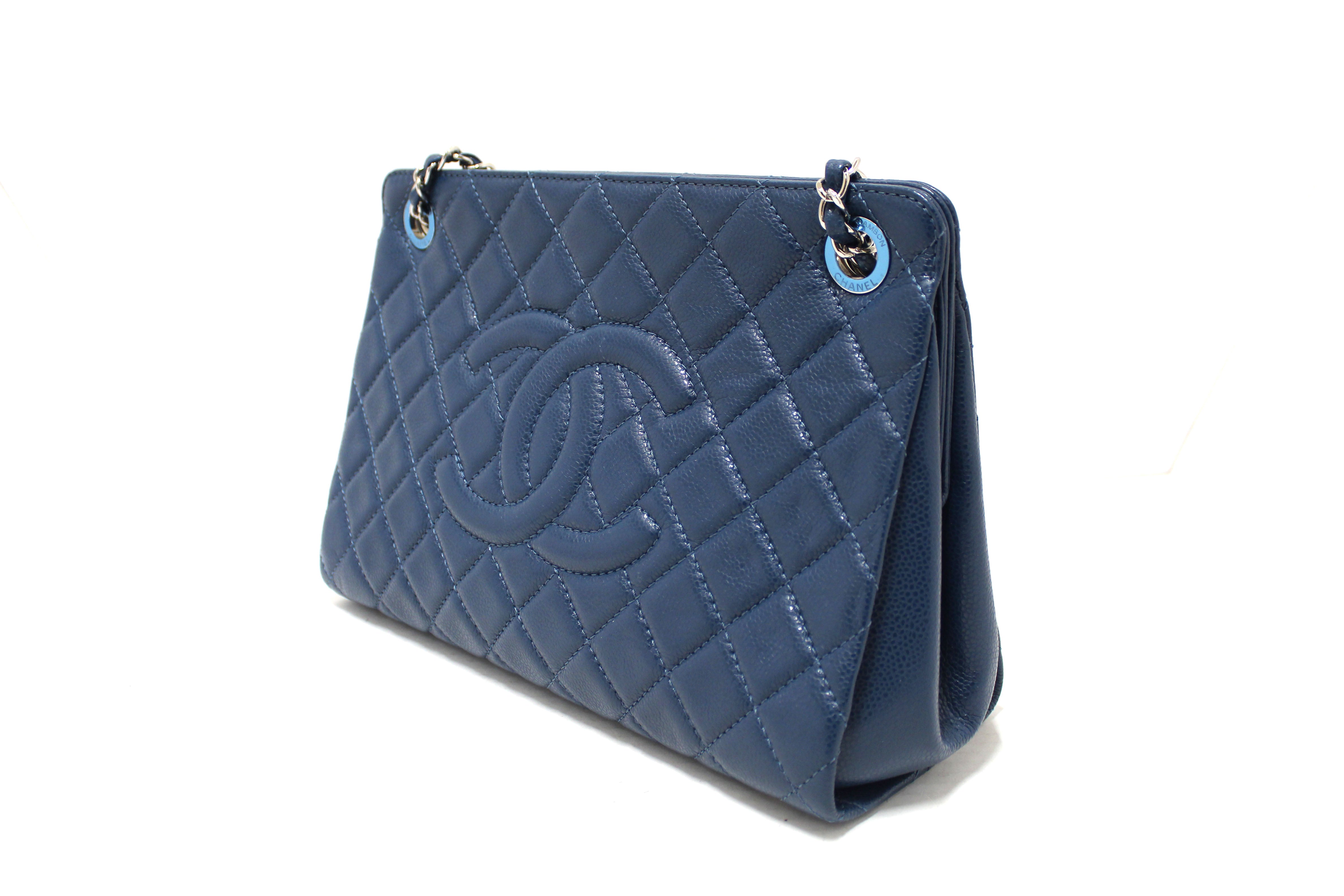 Authentic Chanel Quilted Blue Caviar Leather Shopper Shoulder Tote Bag