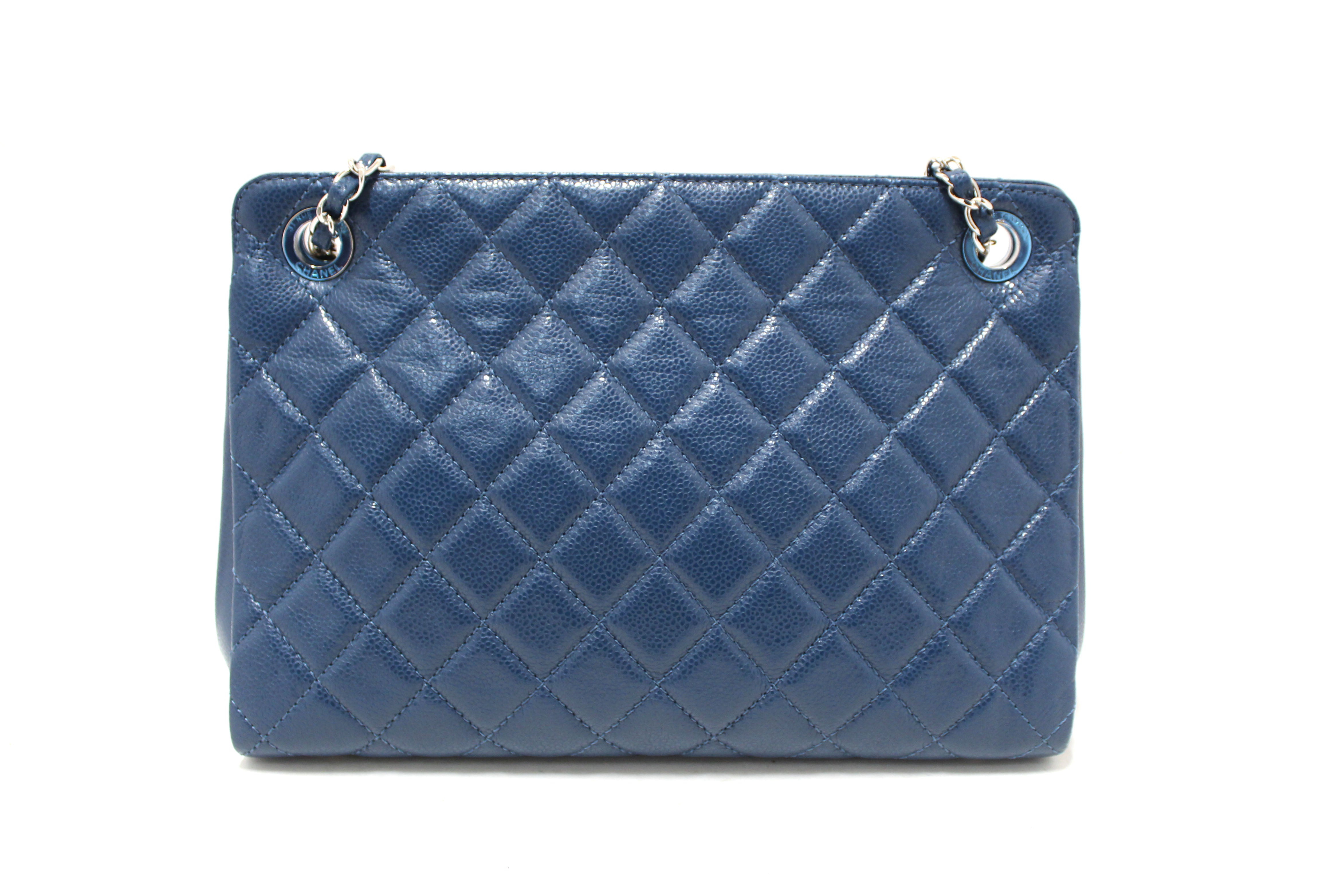 Authentic Chanel Quilted Blue Caviar Leather Shopper Shoulder Tote Bag