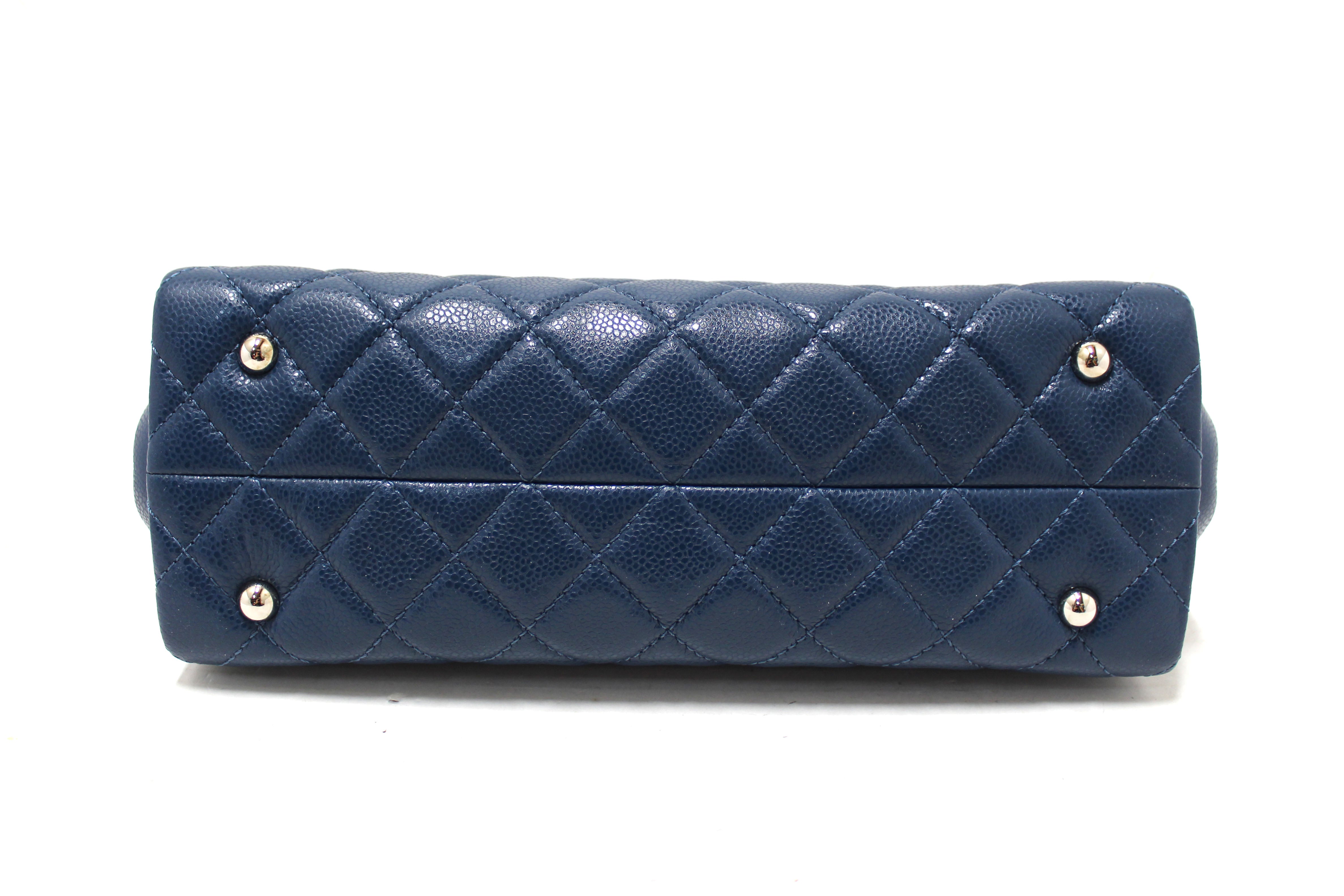 Authentic Chanel Quilted Blue Caviar Leather Shopper Shoulder Tote Bag