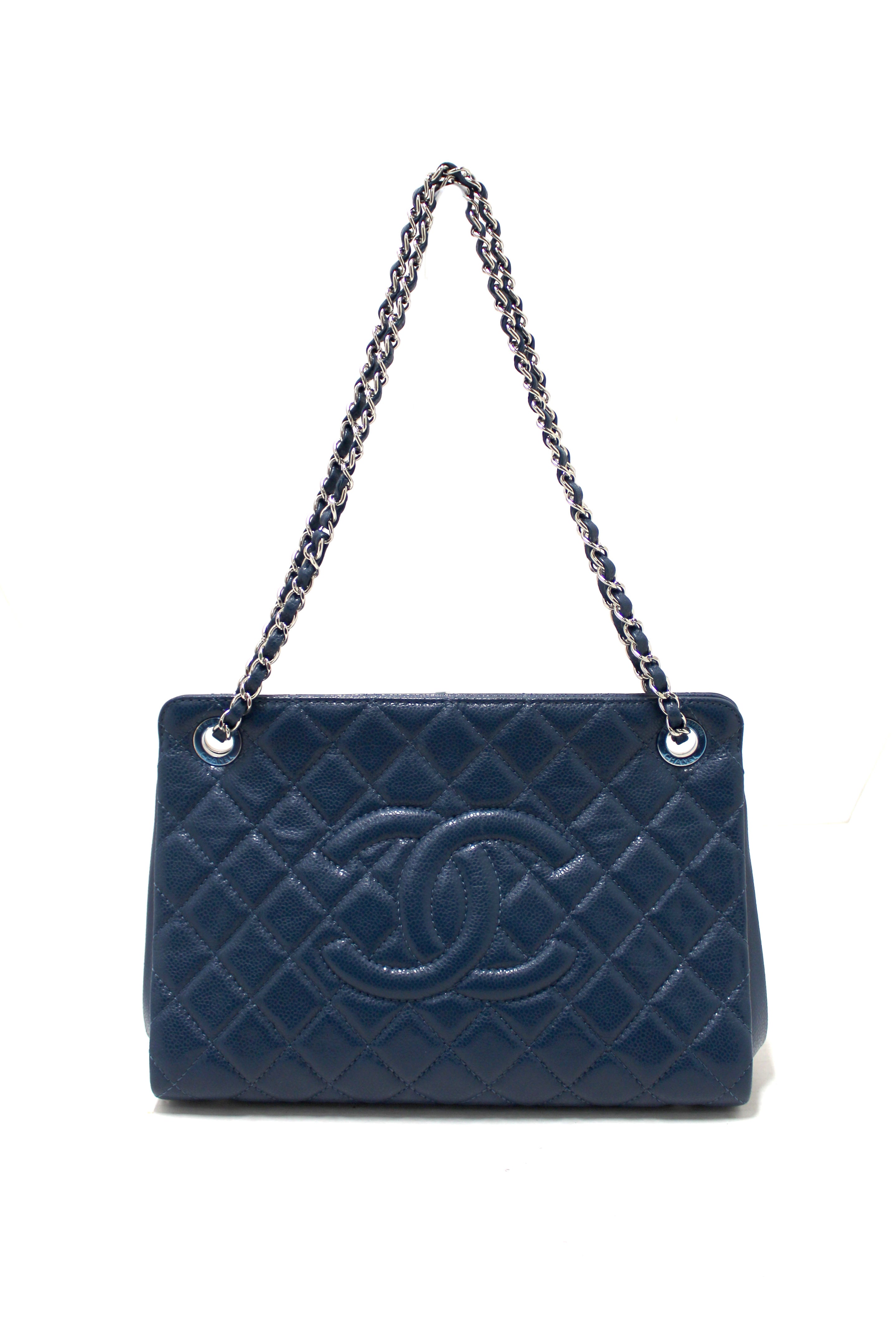 Authentic Chanel Quilted Blue Caviar Leather Shopper Shoulder Tote Bag