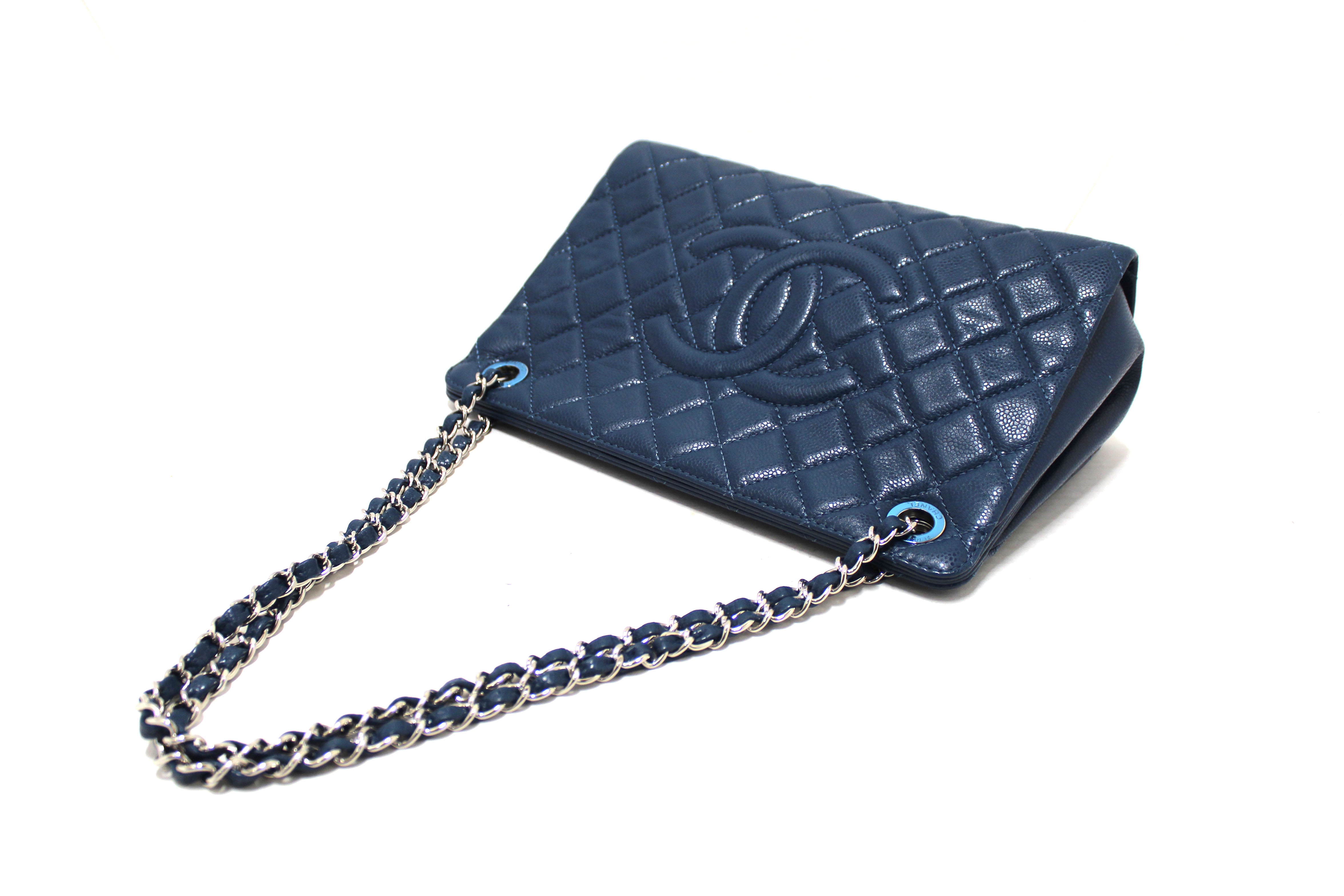 Authentic Chanel Quilted Blue Caviar Leather Shopper Shoulder Tote Bag