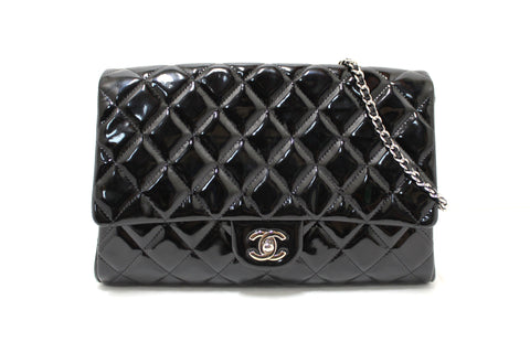 Authentic Chanel Classic Quilted Black Patent Leather Flap Shoulder Clutch Bag