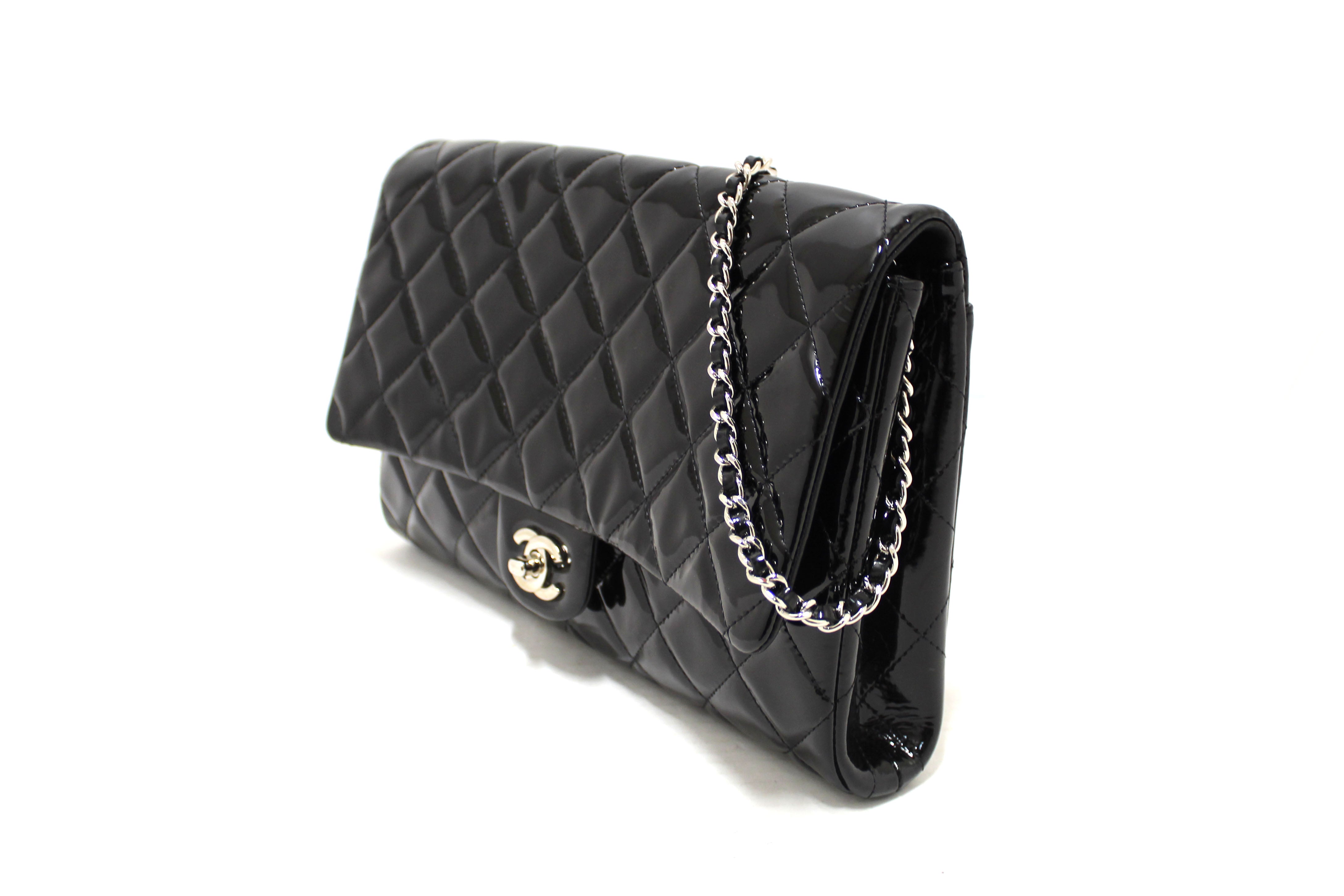 Authentic Chanel Classic Quilted Black Patent Leather Flap Shoulder Clutch Bag