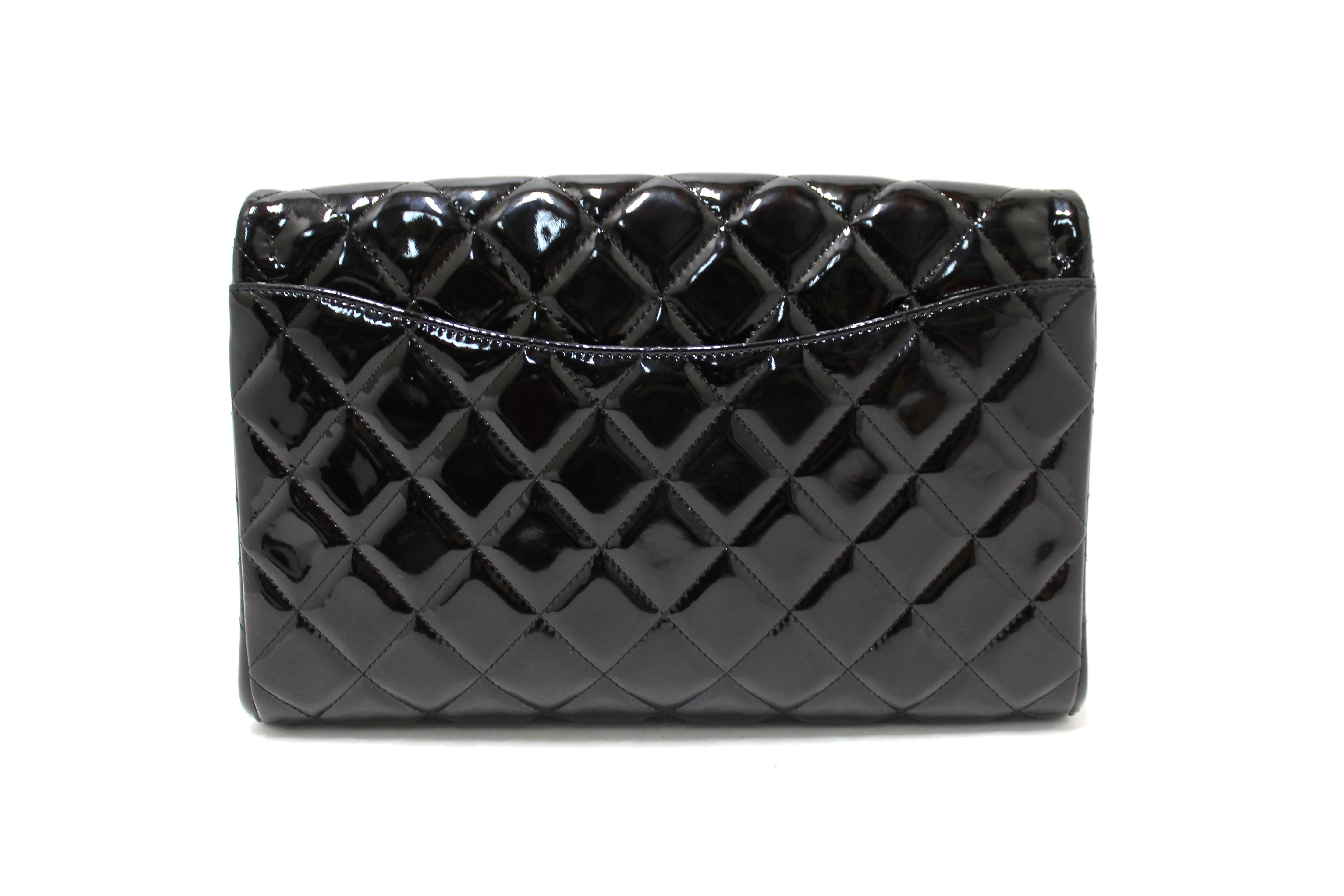 Authentic Chanel Classic Quilted Black Patent Leather Flap Shoulder Clutch Bag