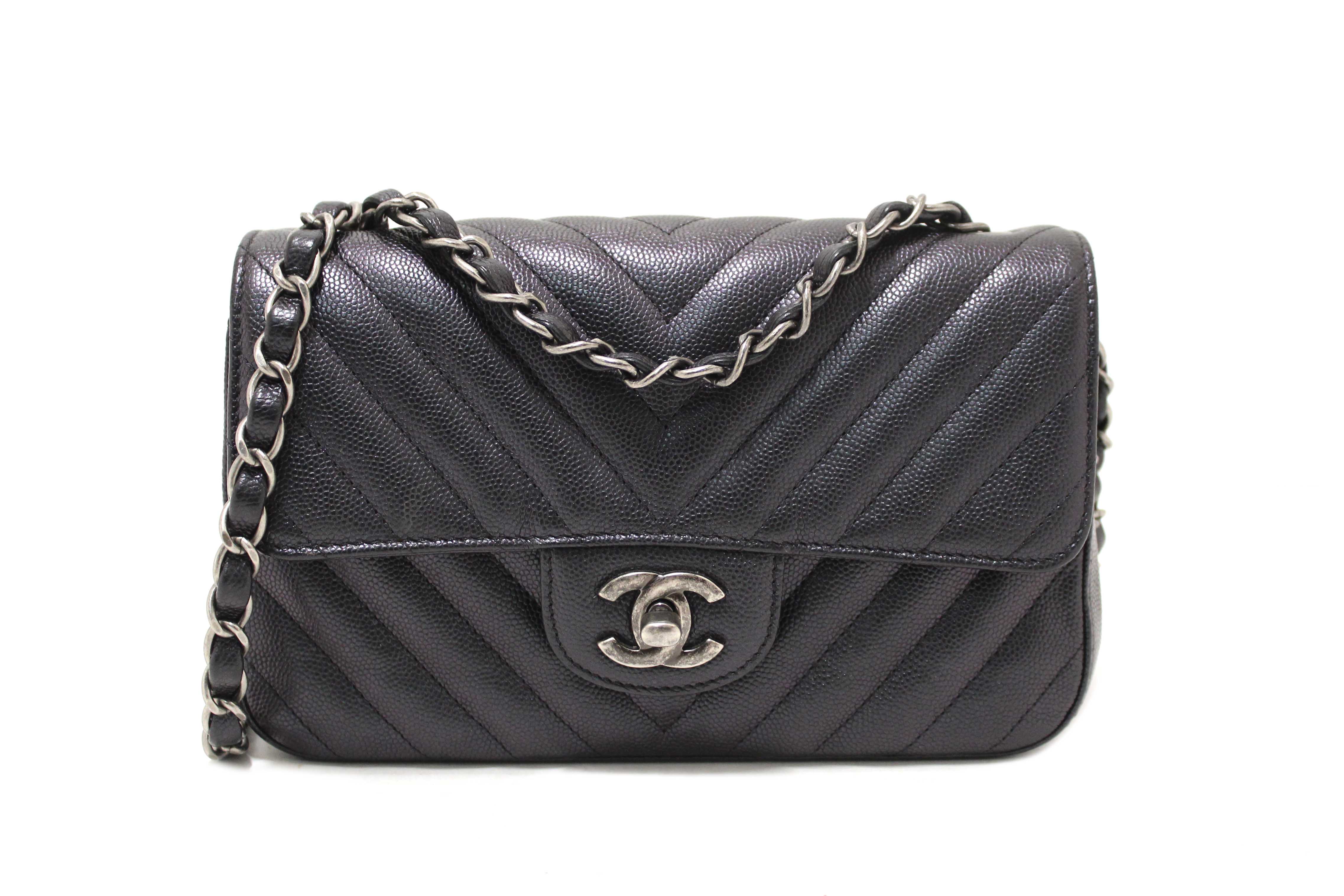 Authentic Chanel Black Iridescent Caviar Chevron Quilted Mini
