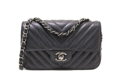 Authentic Chanel Black Iridescent Caviar Chevron Quilted Mini Rectangular Flap Bag