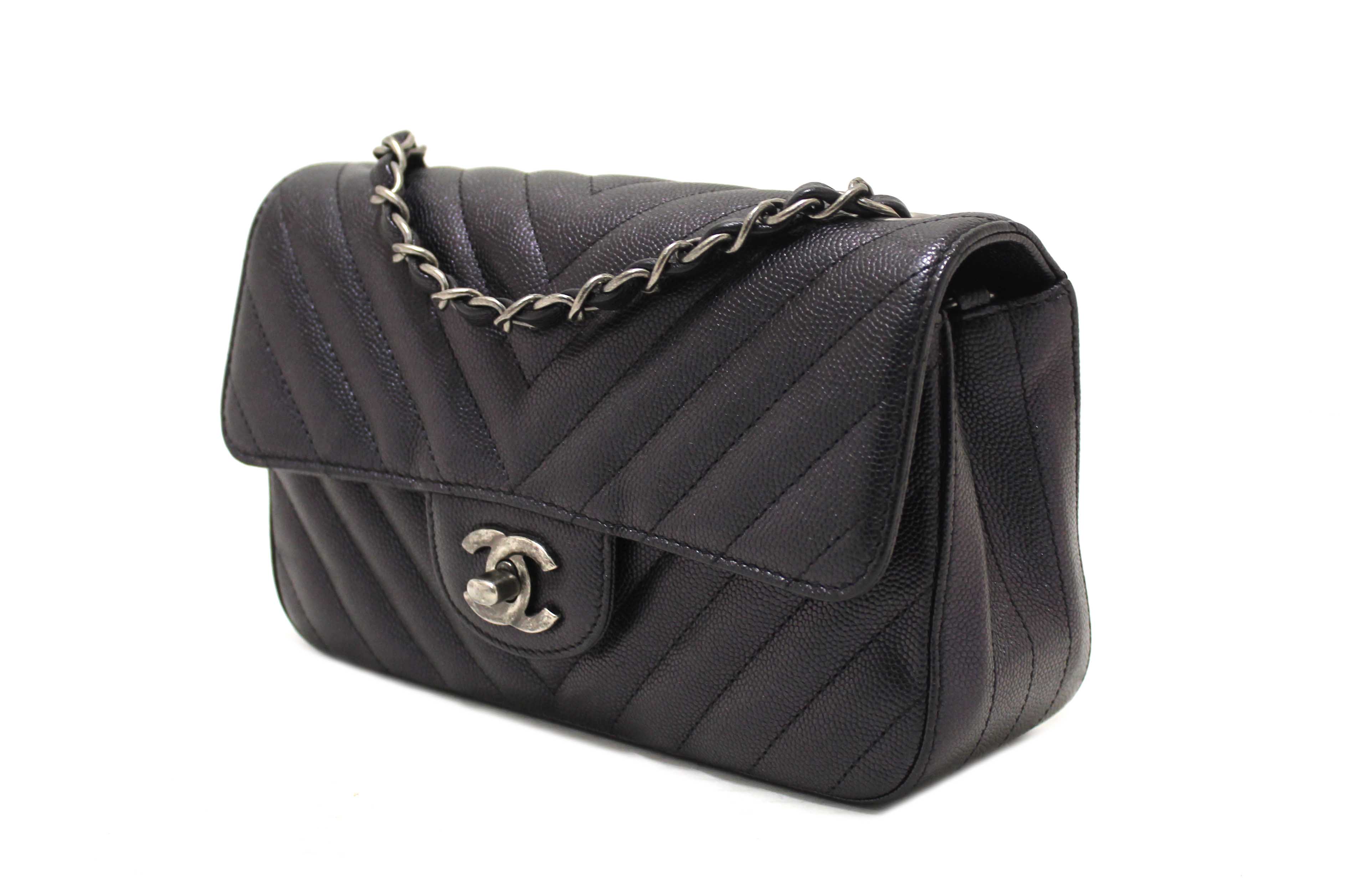 Authentic Chanel Black Iridescent Caviar Chevron Quilted Mini Rectangular Flap Bag