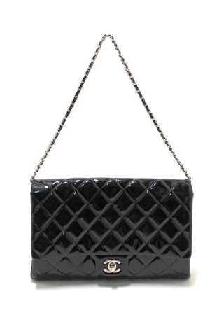 Authentic Chanel Classic Quilted Black Patent Leather Flap Shoulder Clutch Bag