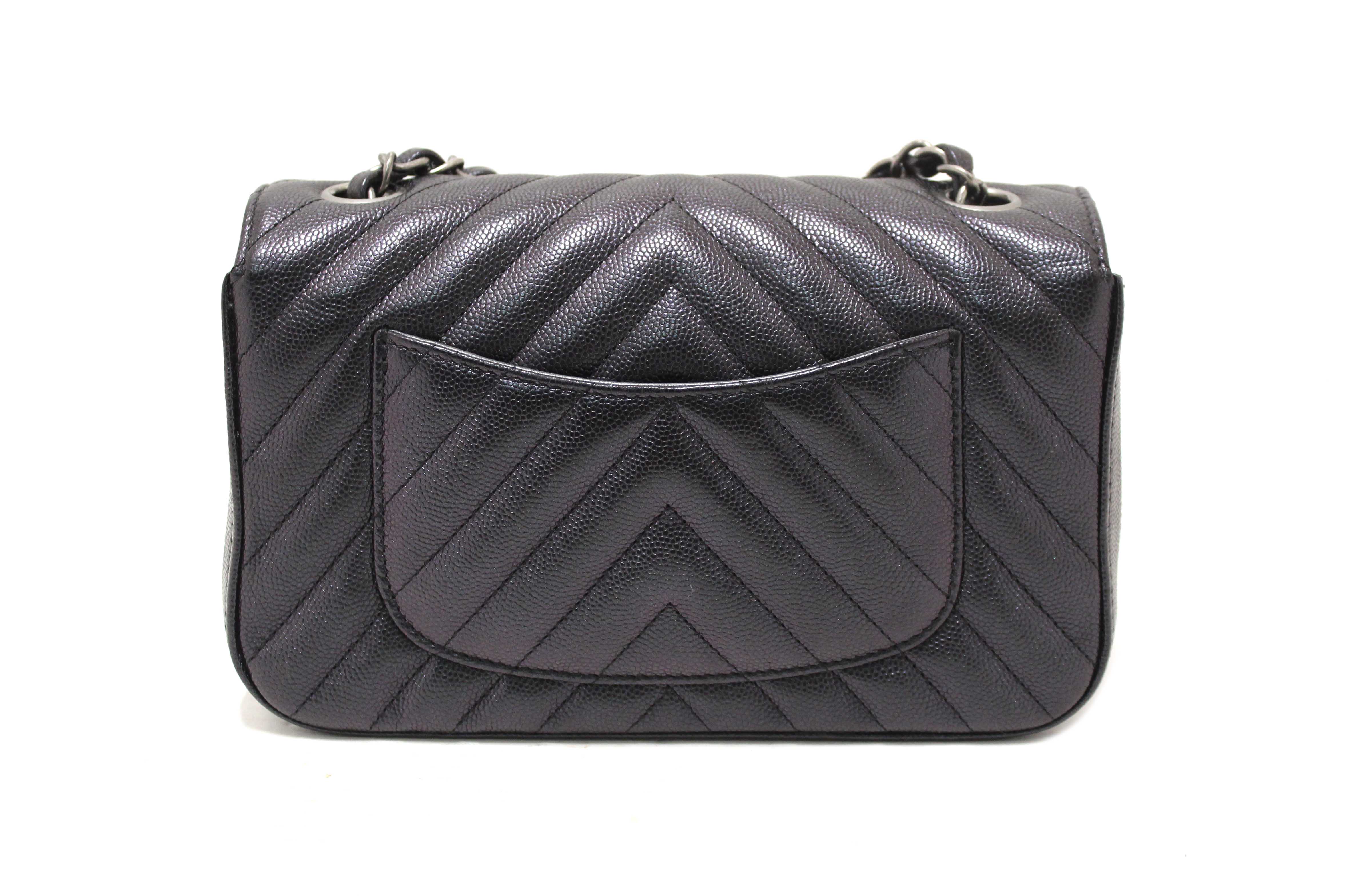 Authentic Chanel Black Iridescent Caviar Chevron Quilted Mini Rectangular Flap Bag