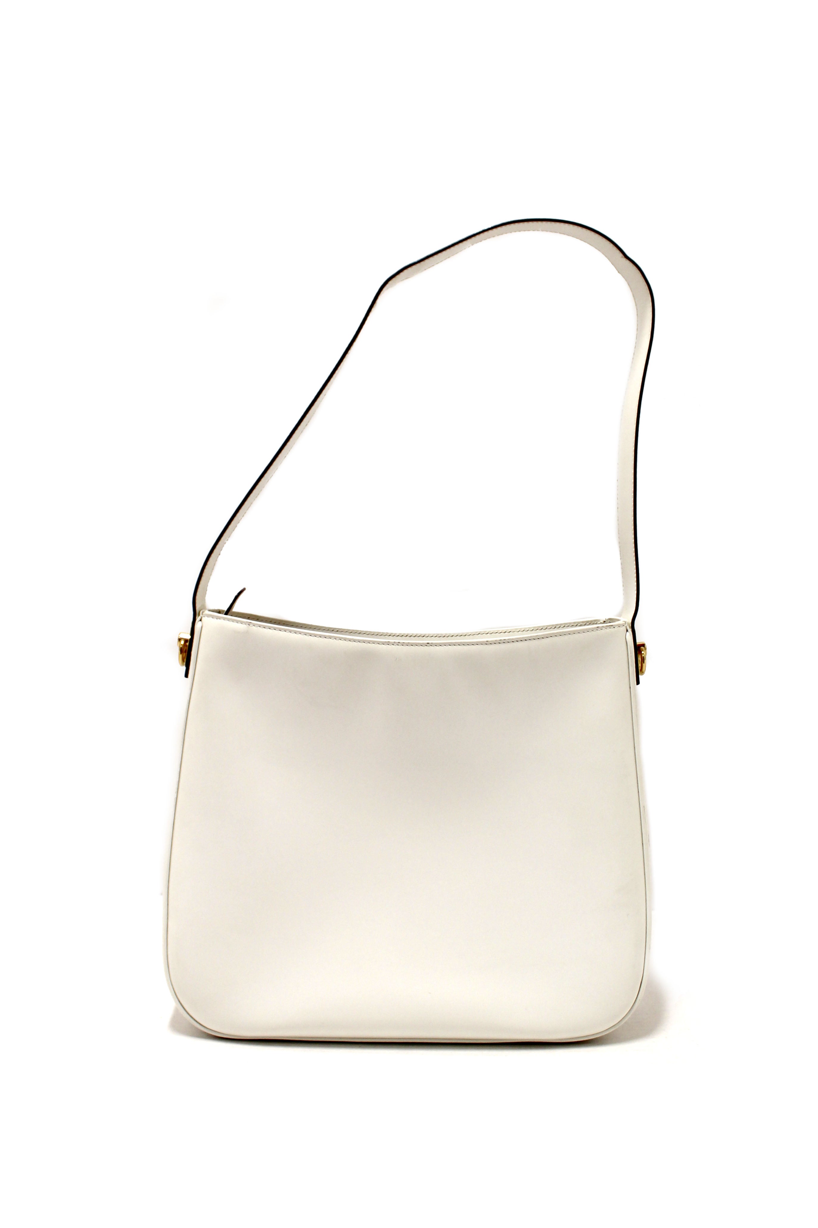 Authentic Celine Vintage White Grained Chevre Leather Structured Zip Hobo Shoulder Bag