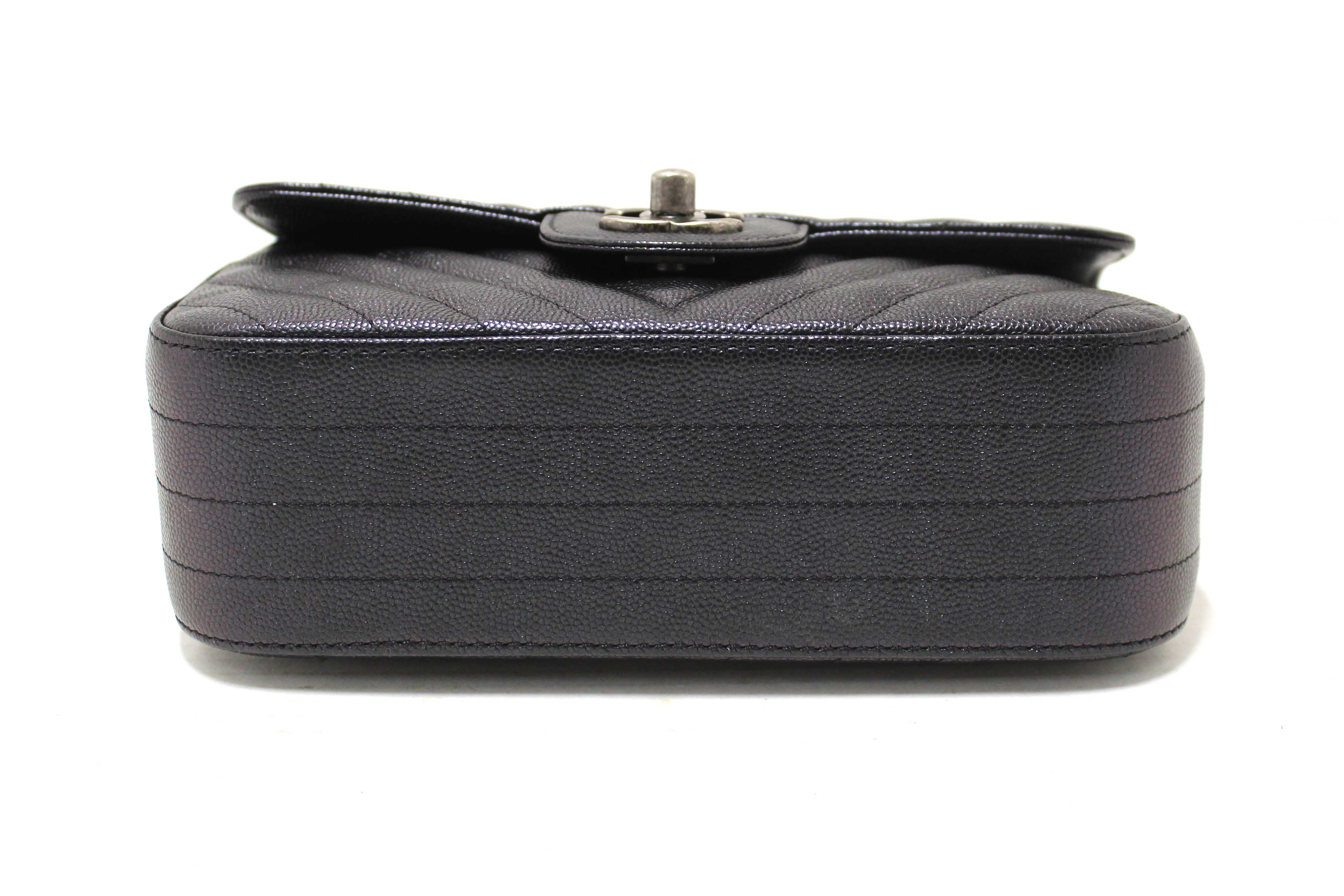 Authentic Chanel Black Iridescent Caviar Chevron Quilted Mini Rectangular Flap Bag