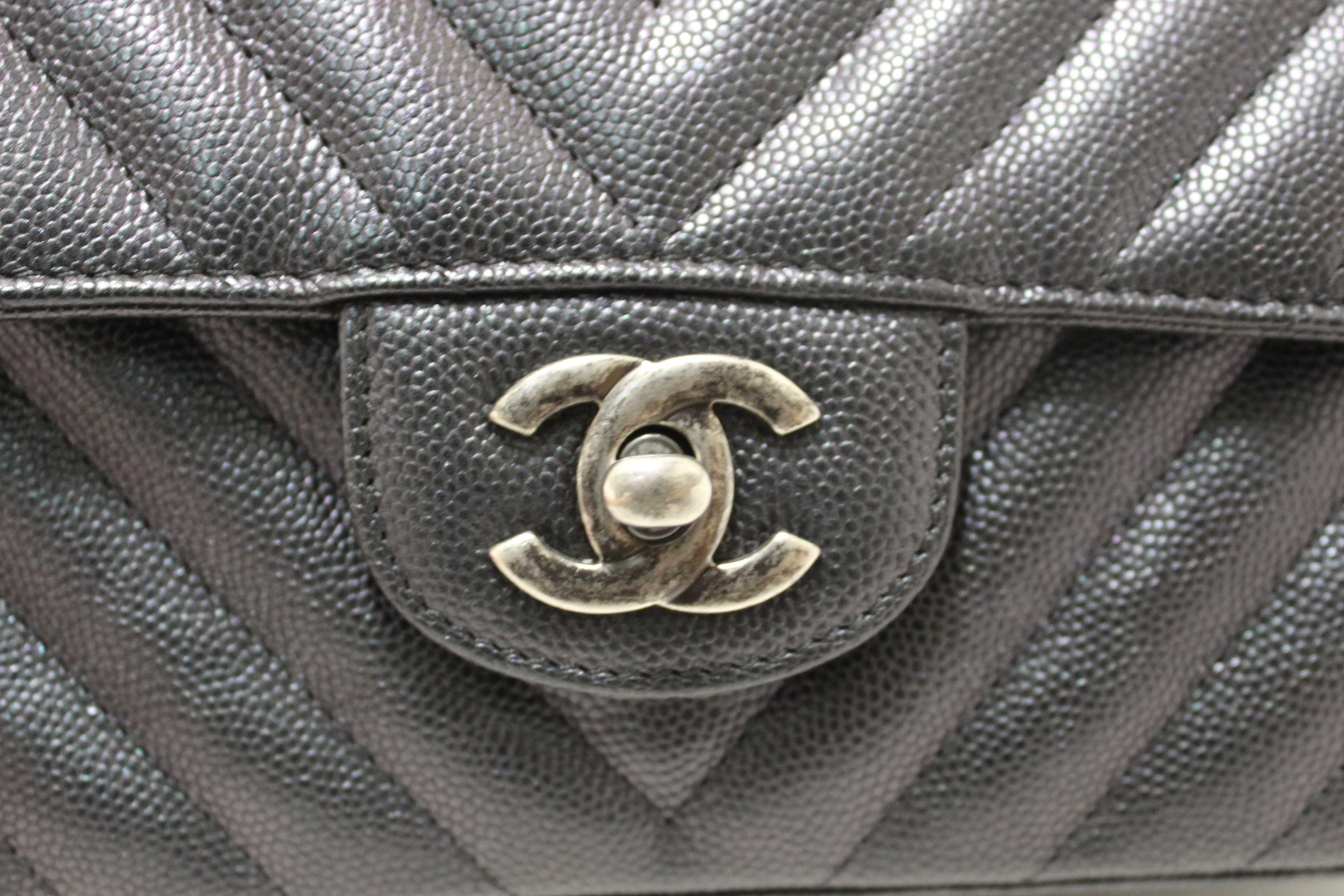 Authentic Chanel Black Iridescent Caviar Chevron Quilted Mini Rectangular Flap Bag