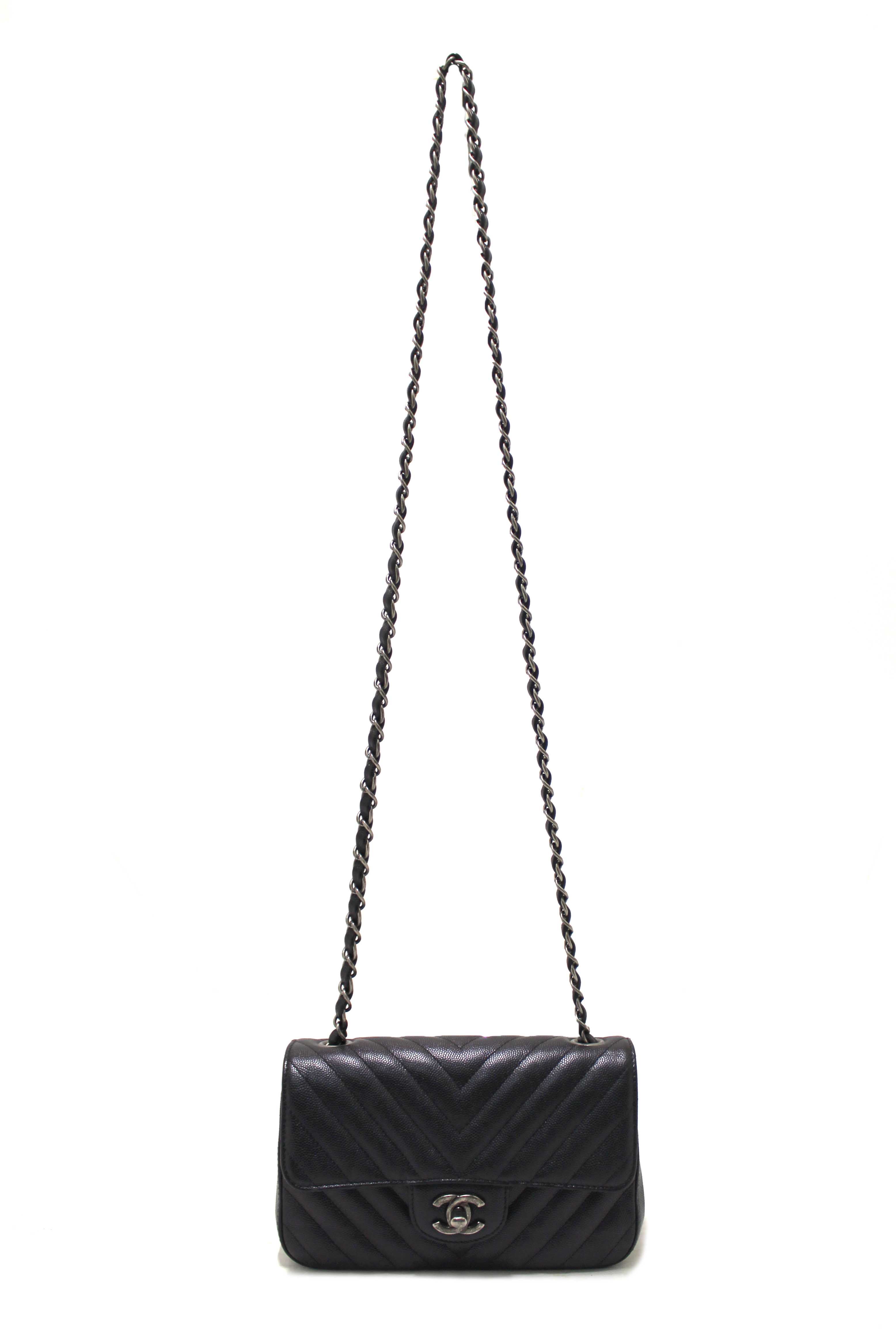 Authentic Chanel Black Iridescent Caviar Chevron Quilted Mini Rectangular Flap Bag