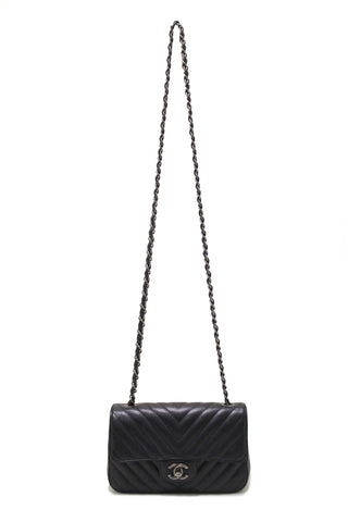Authentic Chanel Black Iridescent Caviar Chevron Quilted Mini Rectangular Flap Bag