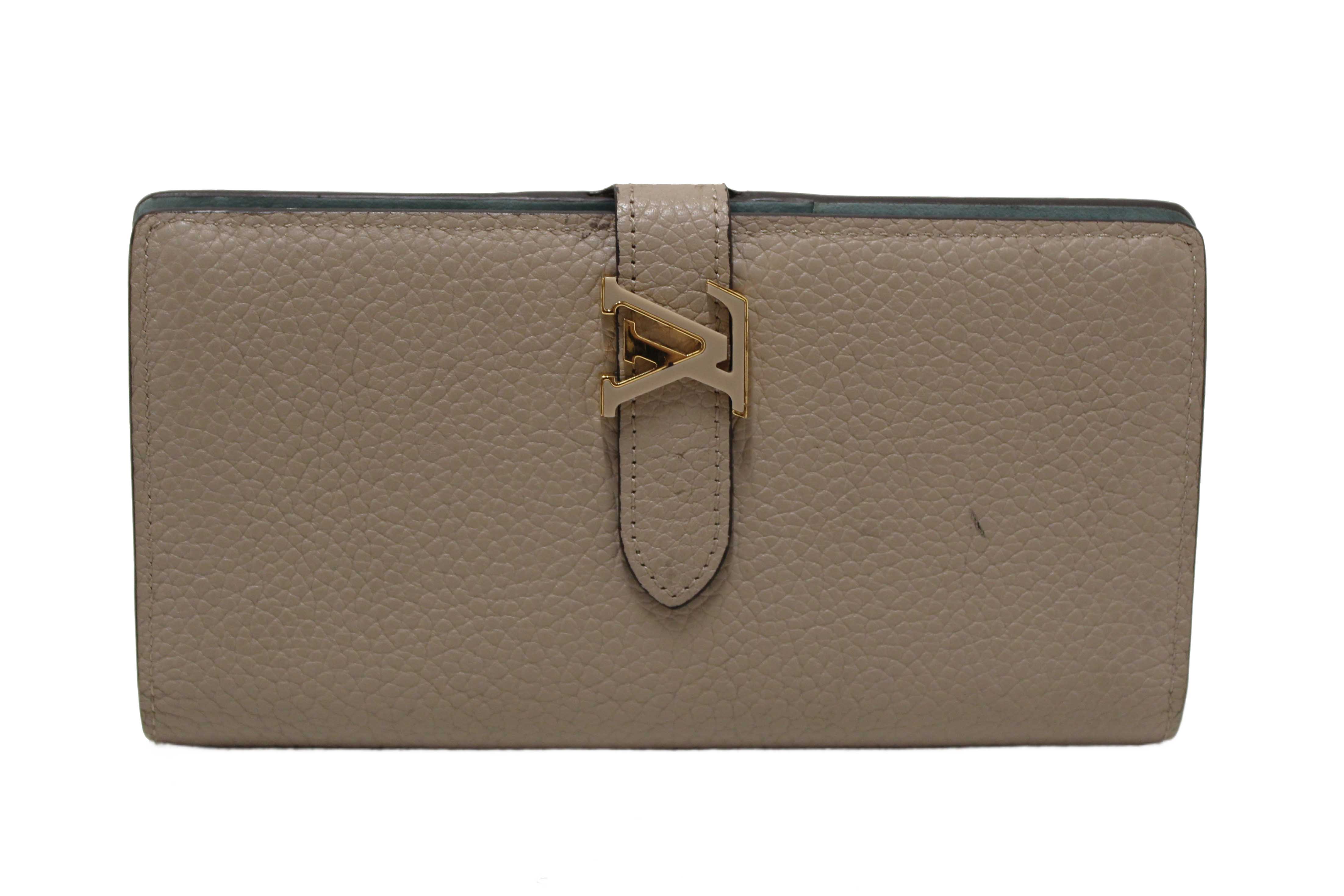 Authentic Louis Vuitton Galet Grey Grained Taurillon Leather LV Vertical Wallet