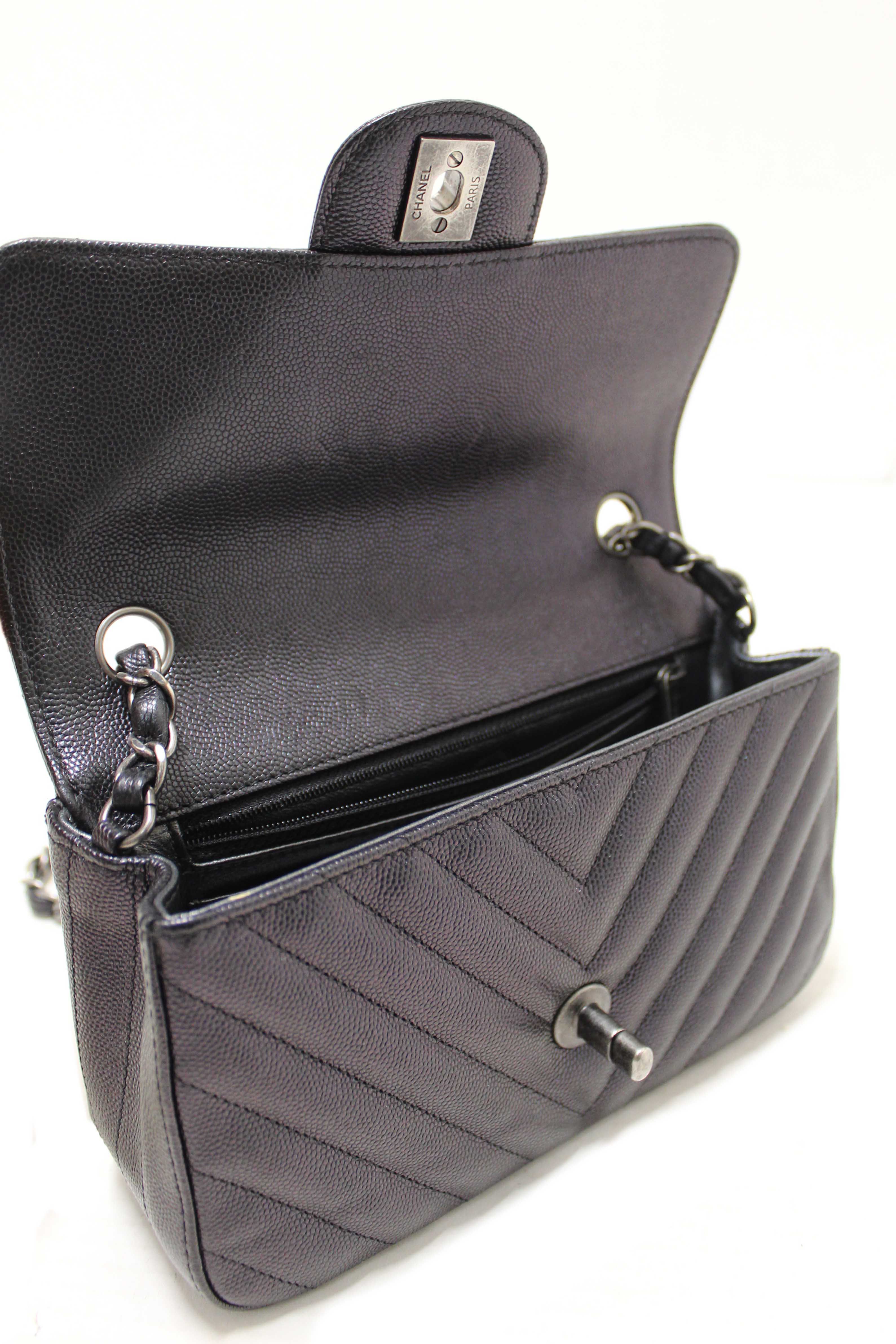 Authentic Chanel Black Iridescent Caviar Chevron Quilted Mini Rectangular Flap Bag